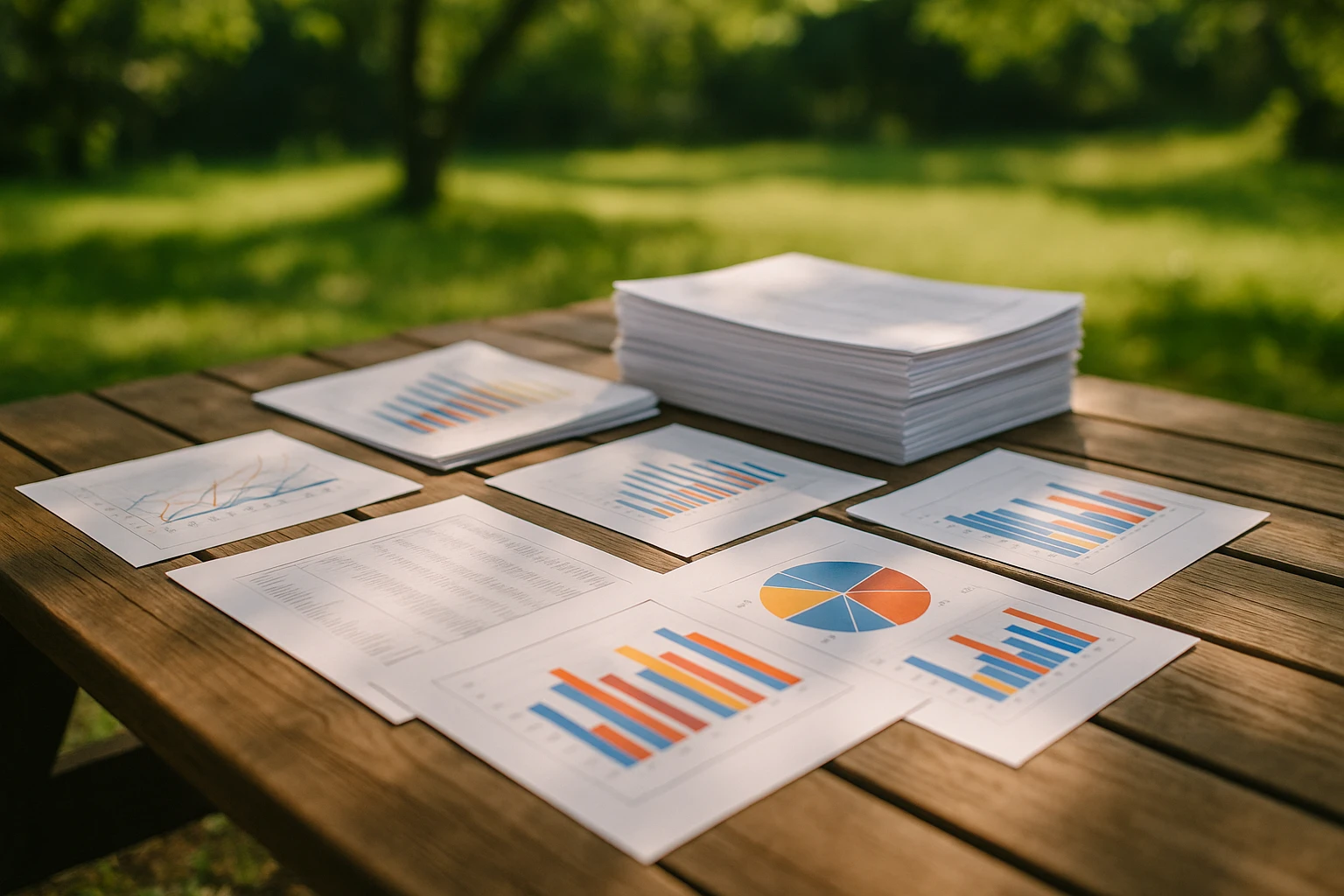 Stacks of organized financial documents and colorful charts spread across a wooden picnic table in a sunlit outdoor setting, symbolizing the dynamic and transparent nature of modern accounting outsourcing.