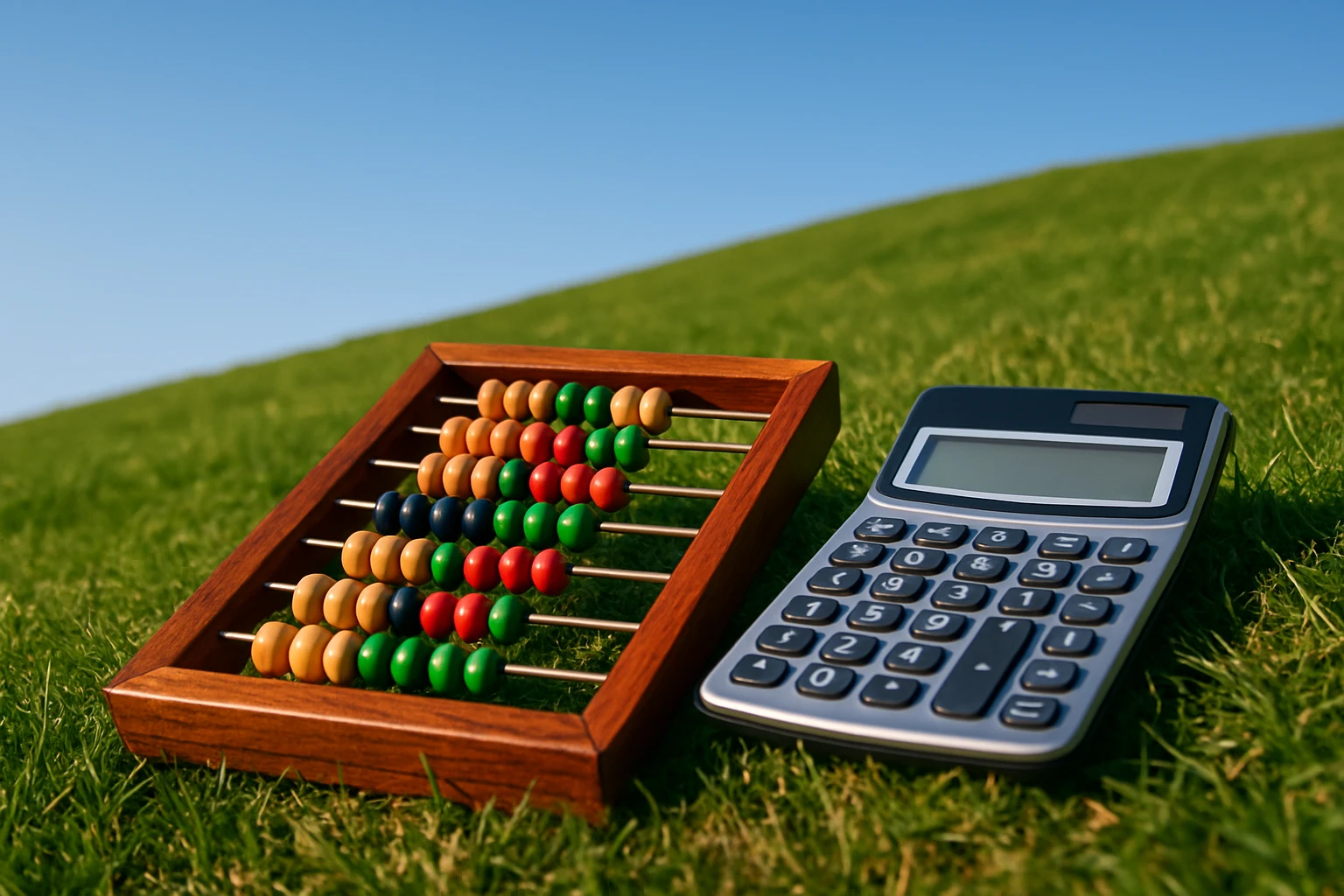 A close-up of a polished wooden abacus with colorful beads and a modern calculator placed on a grassy hillside under a clear blue sky, symbolizing the blend of traditional and modern methods in accounting outsourcing.
