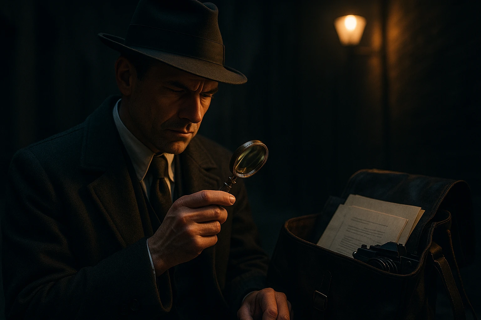 A discreet scene in a dimly lit alleyway where a private investigator examines a small, ornate magnifying glass under the glow of a streetlamp, with shadowy outlines of documents and a camera peeking out from a leather satchel nearby.