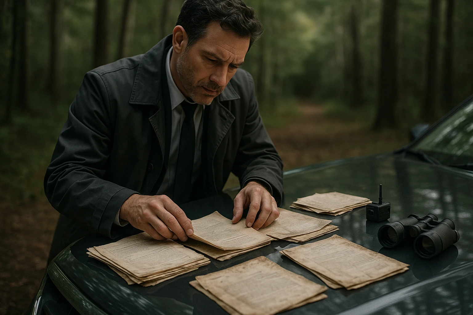A private investigator carefully sorts through a collection of weathered, confidential documents spread across the hood of a car parked in a secluded forest clearing, with a small, high-tech listening device and binoculars resting beside them.