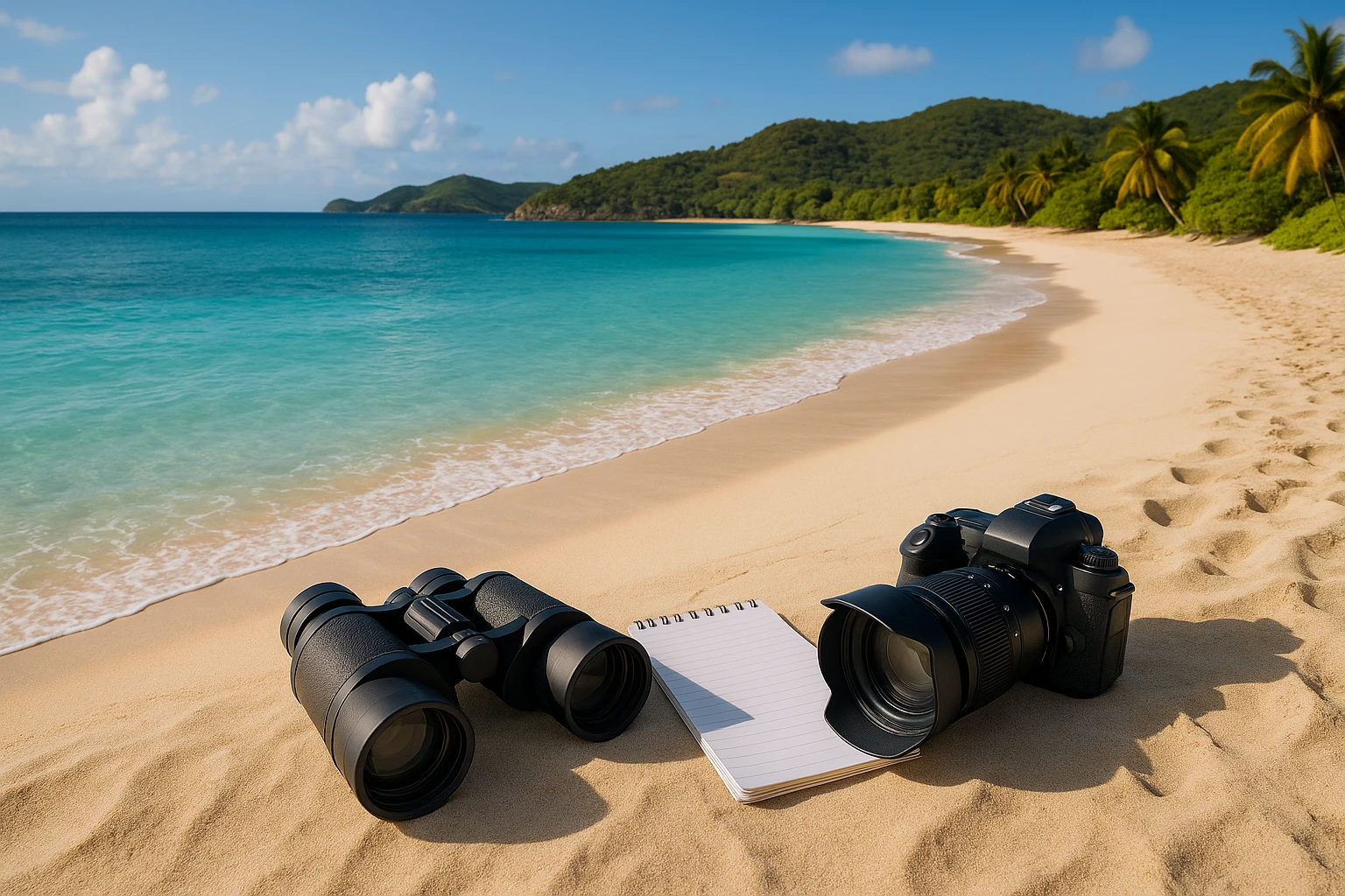 Aerial view of a tranquil Caribbean beach with a private investigator’s tools placed on the sand—binoculars, a notepad, and a camera—symbolizing discreet observation amidst the scenic backdrop of Antigua and Barbuda's turquoise waters and lush greenery.