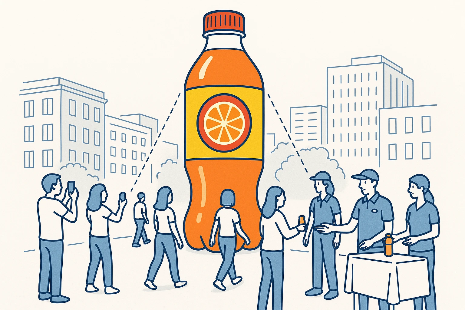 Inflatable Branded Bottles A giant inflatable bottle featuring a vibrant beverage brand's logo towers over a busy city square, surrounded by curious passersby taking photos and interacting with brand representatives handing out samples.