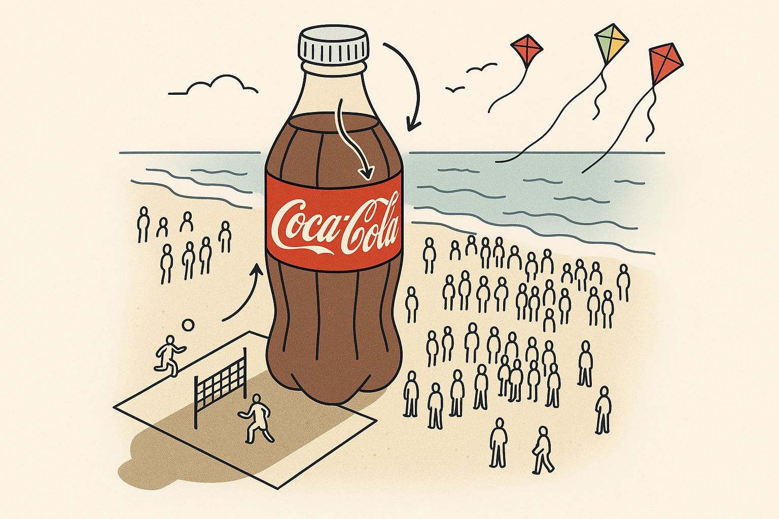Branded Inflatable Bottles An inflatable bottle featuring Coca-Cola's iconic red and white branding floats beside a busy beach, casting a shadow over a sandy volleyball court, with colorful kites flying in the background and spectators gathering around for a promotional event.