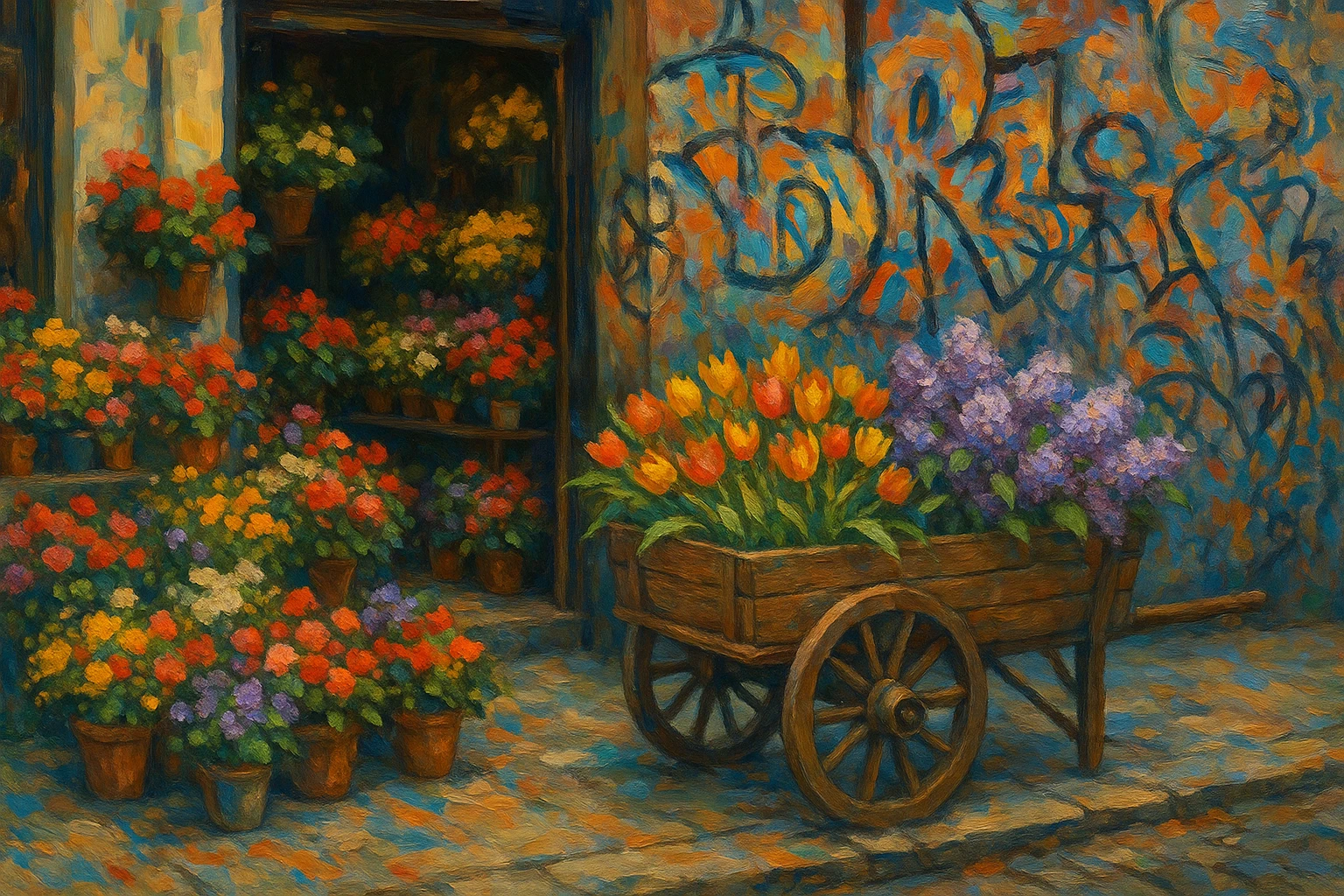 A vibrant Berlin flower shop displays an eclectic array of colorful blooms spilling out onto the sidewalk, with a rustic wooden cart filled with fresh tulips and lilacs set against a graffiti-covered wall, capturing the city's unique blend of nature and urban art.