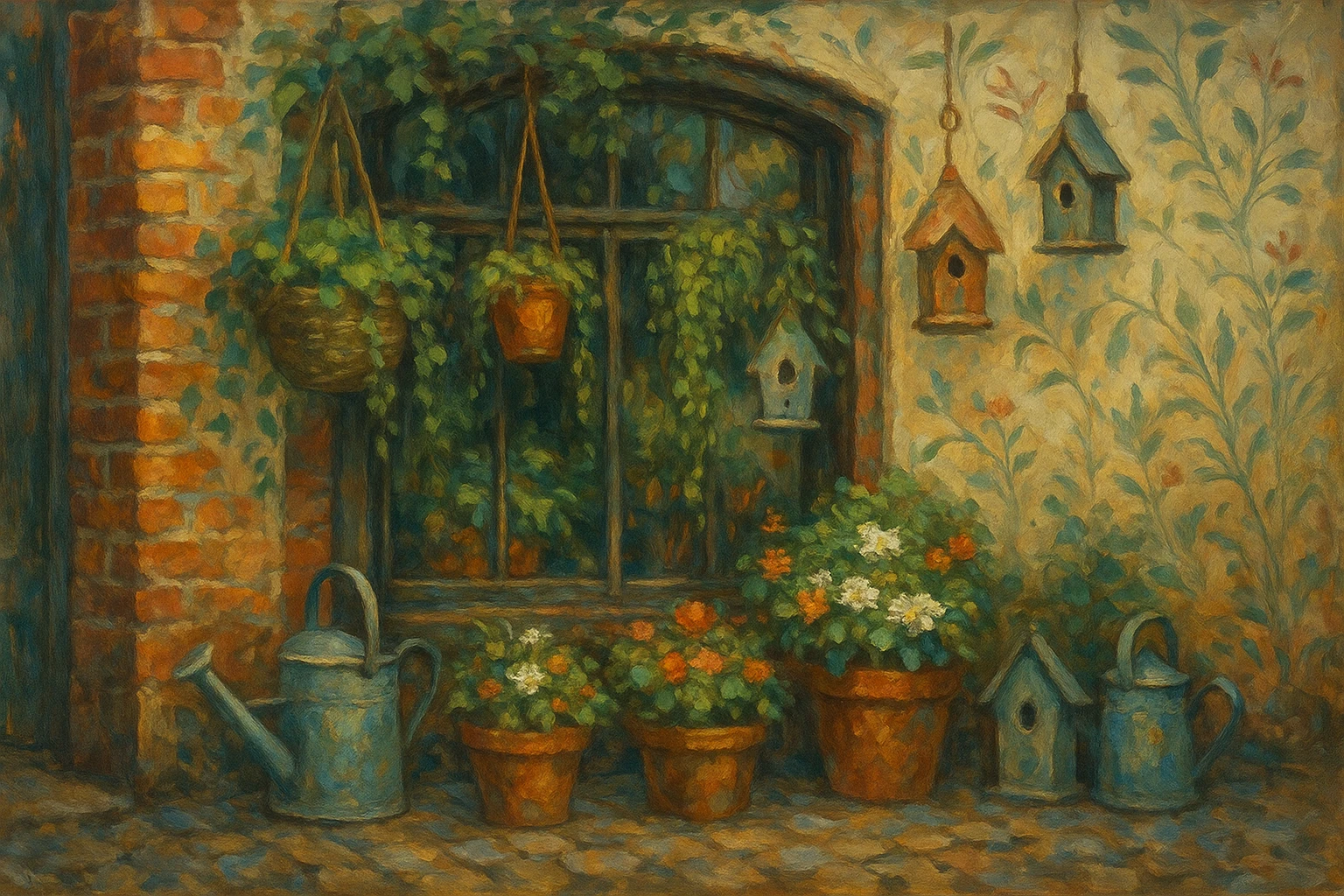 A quaint flower shop in Berlin features a large window display filled with hanging plants and cascading vines, surrounded by vintage watering cans and decorative birdhouses, set against the backdrop of a brick wall adorned with hand-painted botanical illustrations.