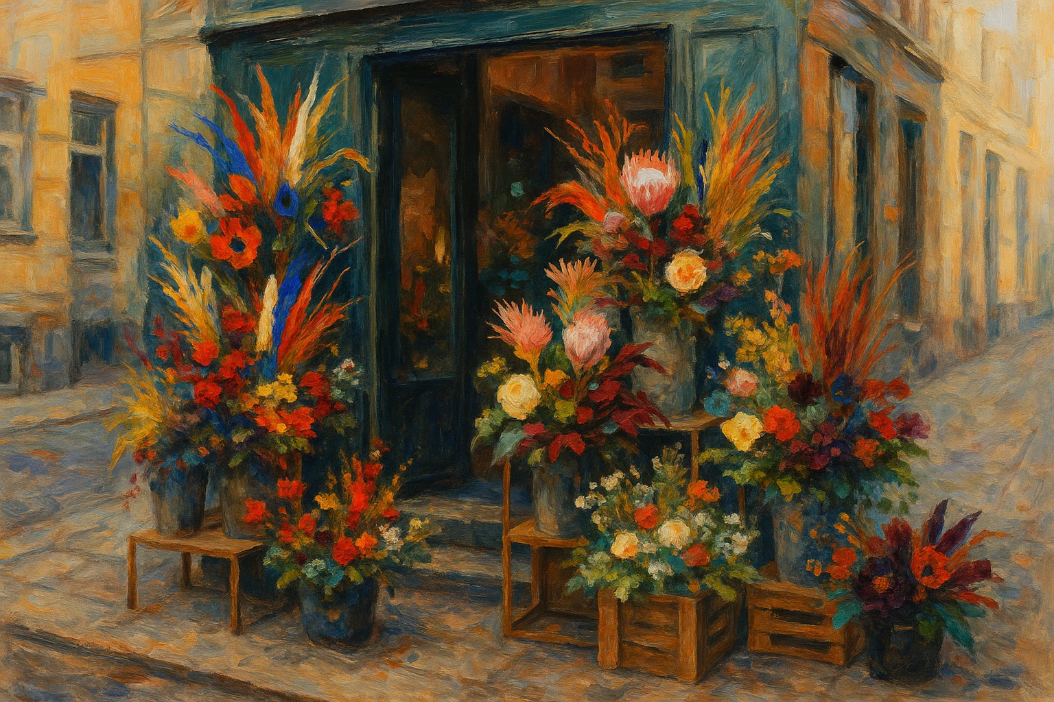 A vibrant Berlin flower shop exterior adorned with a striking display of avant-garde, artistically arranged floral bouquets, showcasing MARSANO's unique style amidst the bustling city streets.