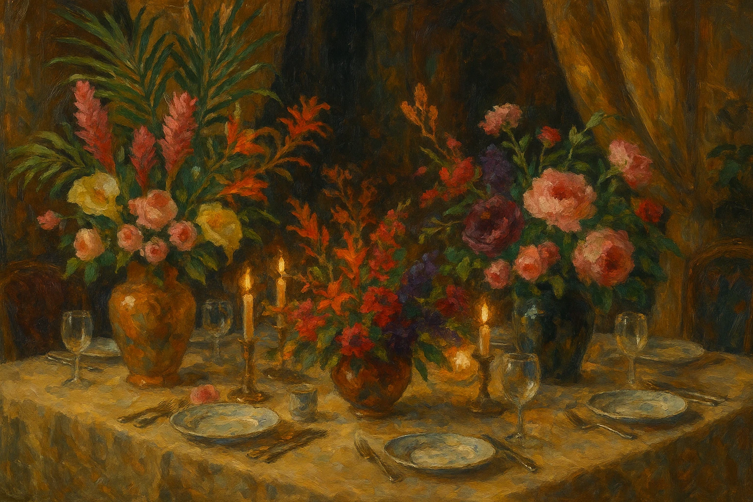 A lavish indoor setting with a table adorned with an eclectic mix of lush floral arrangements by MARSANO, featuring exotic flowers and greenery, surrounded by elegant tableware and ambient candlelight, capturing the essence of personalized floral artistry in an intimate dining experience.