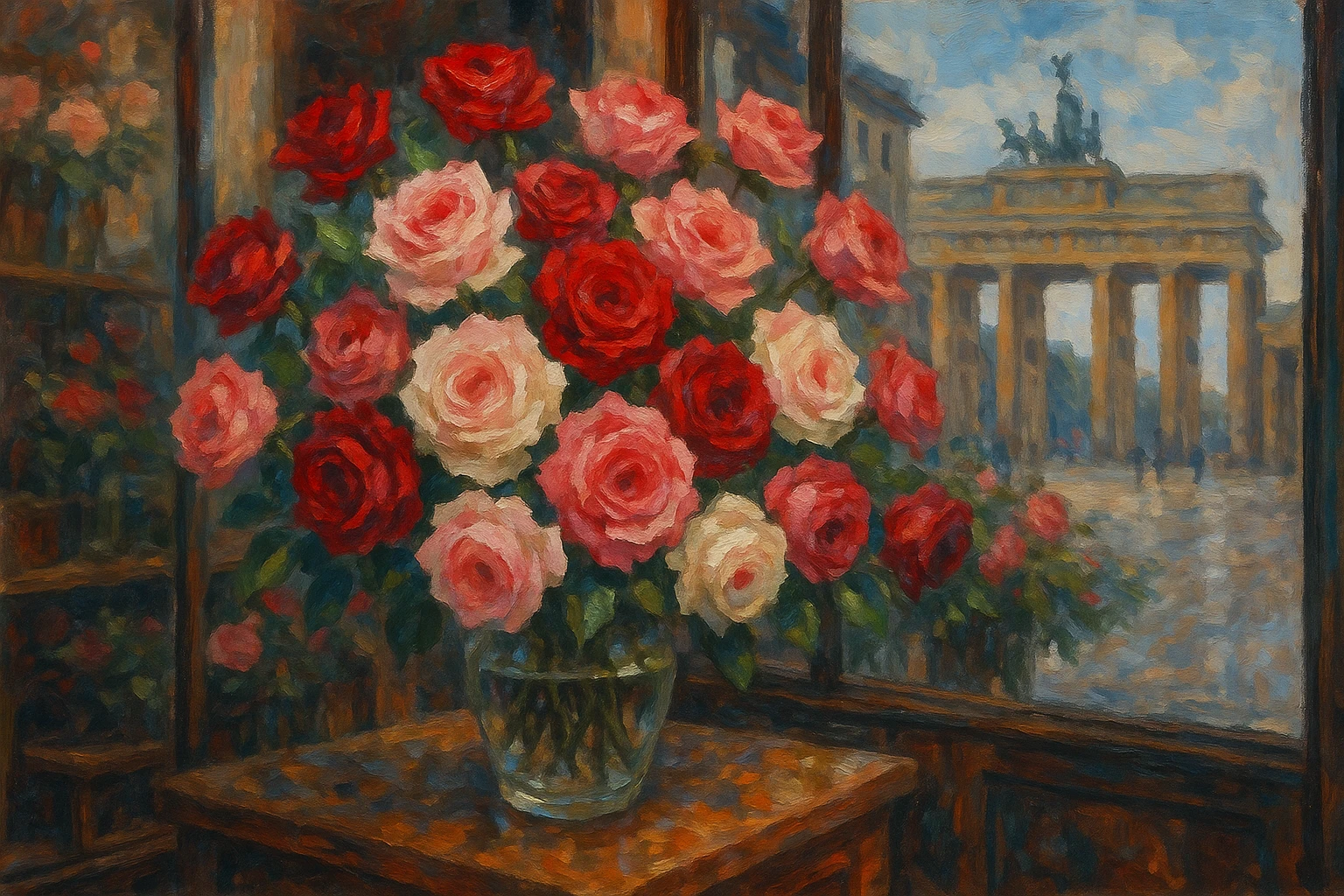 A stunning arrangement of premium roses in vibrant shades of red, pink, and white is elegantly displayed in a boutique flower shop window in Berlin, with the iconic Brandenburg Gate subtly visible in the background through the glass.