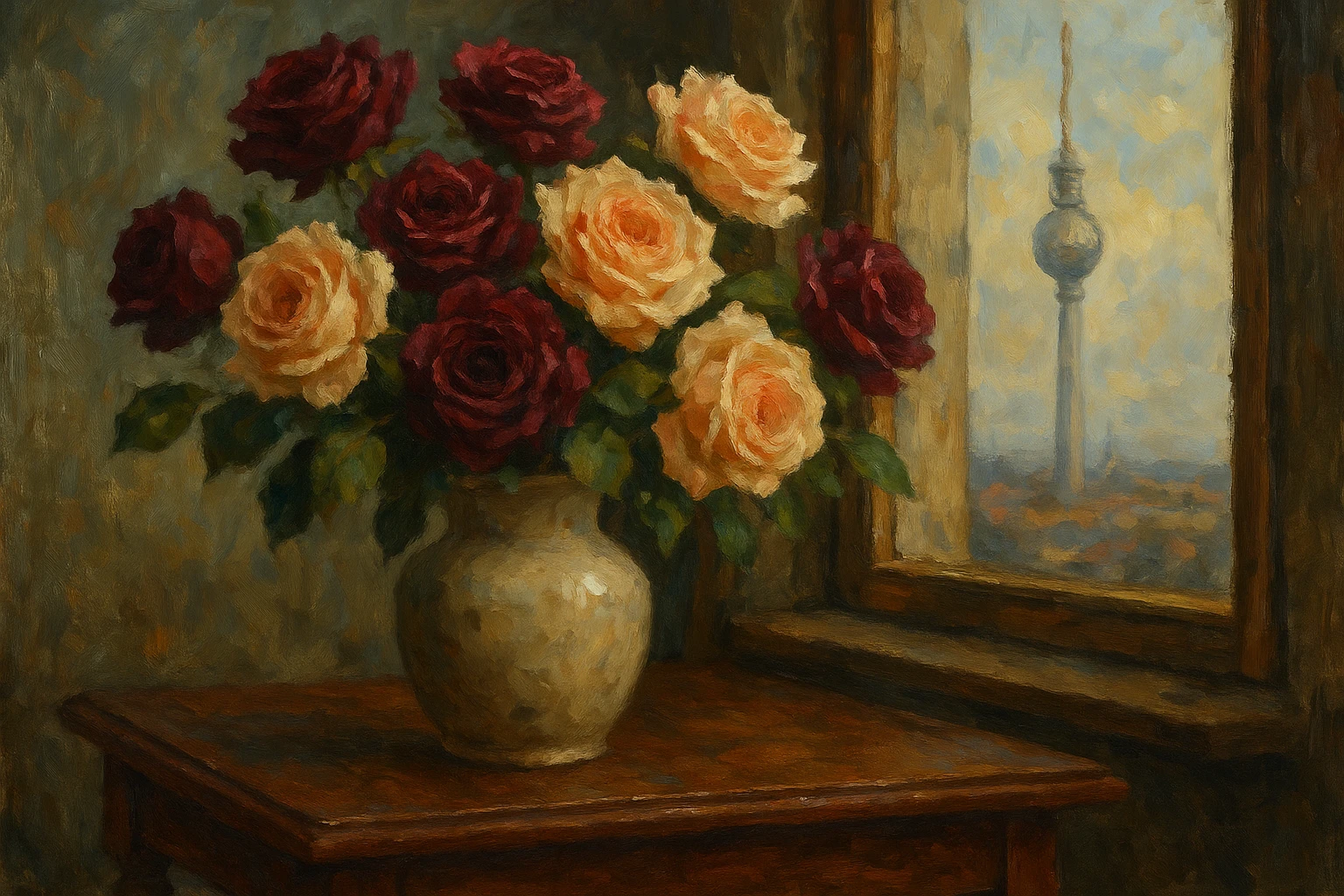 A luxurious bouquet of premium roses in deep burgundy and pastel peach hues, artfully arranged in a handcrafted ceramic vase, sits elegantly on an antique wooden table with the Berlin Fernsehturm visible through a nearby window.