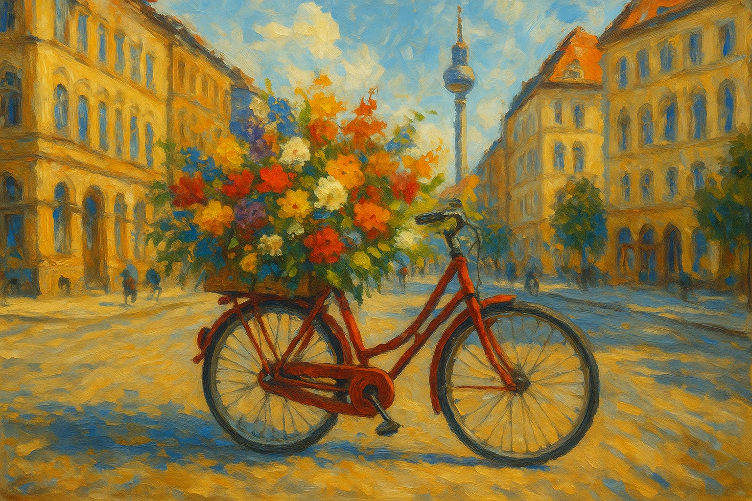 A vibrant bicycle filled with freshly cut flowers being delivered on a sunny street in Berlin, showcasing the city's iconic architecture in the background.