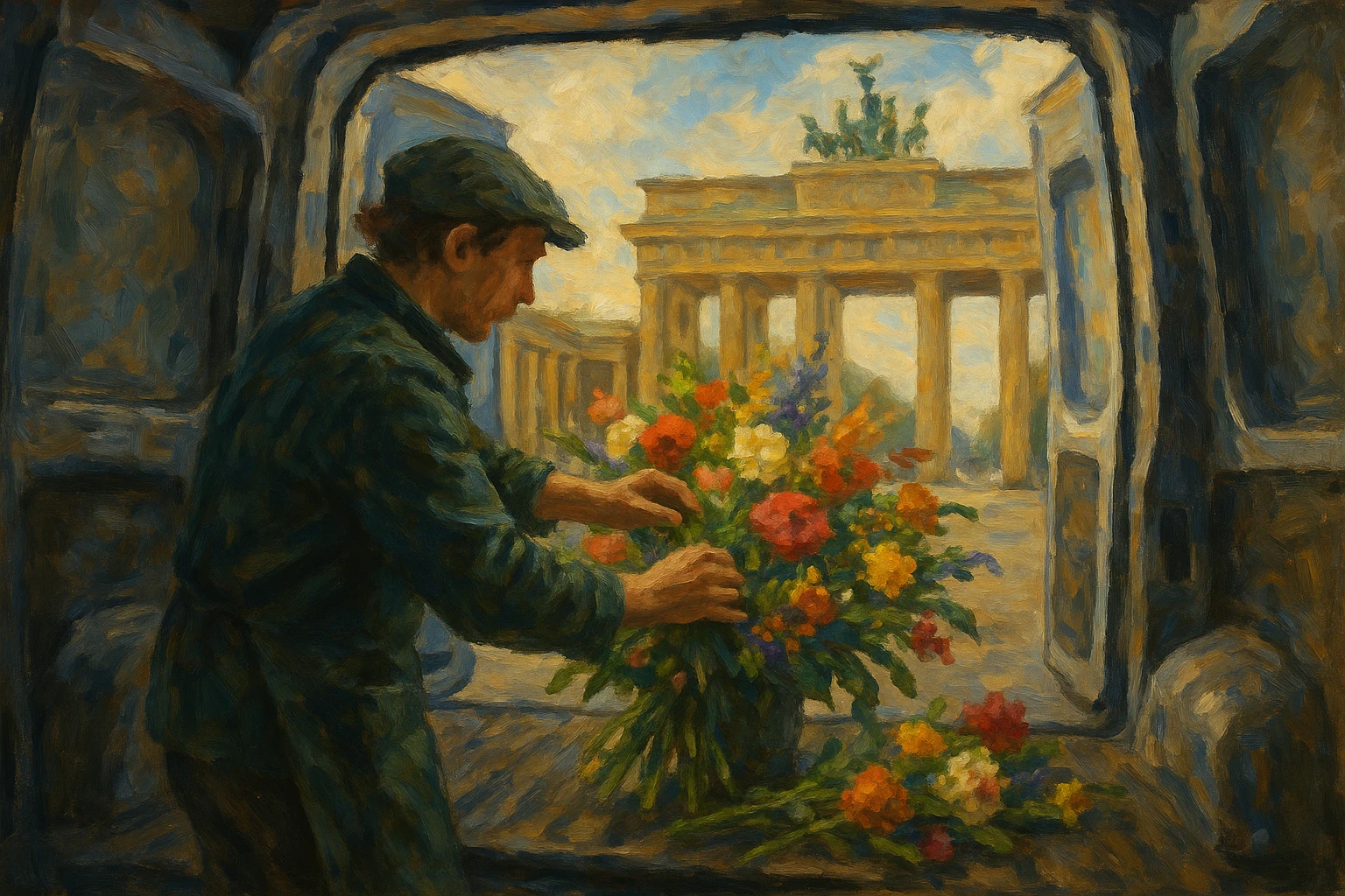 A Berlin florist's hand arranging a bouquet of colorful flowers inside a delivery van, with the city's famous Brandenburg Gate visible through the van's open back doors.