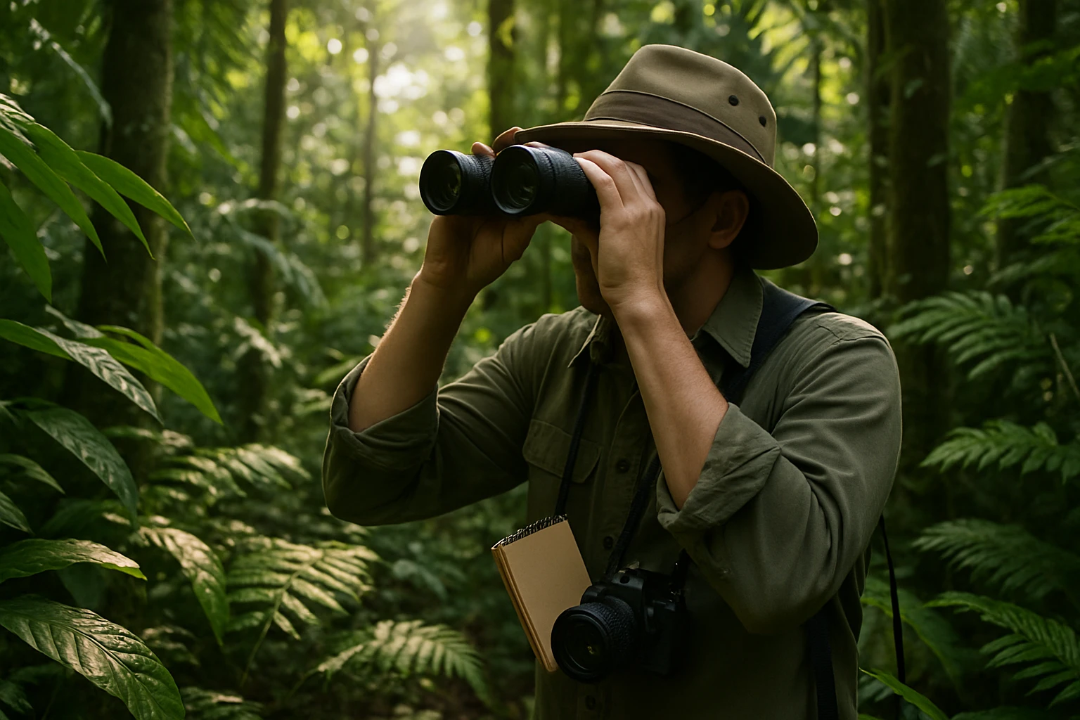 A discreet figure peering through binoculars amidst the vibrant foliage of a Belizean rainforest, with sunlight filtering through the canopy, highlighting notepads and a camera hanging by their side.