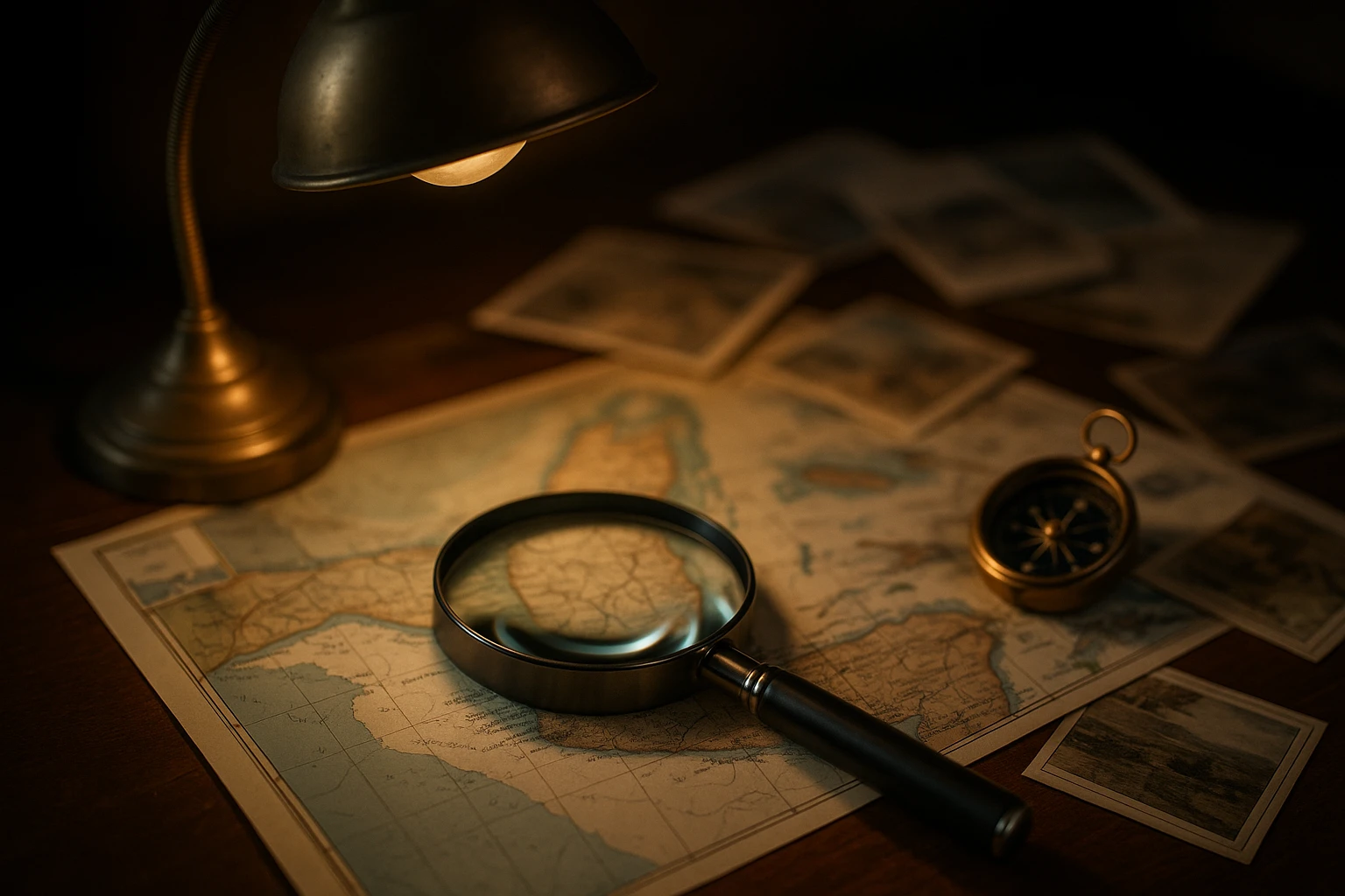 A sleek, professional magnifying glass resting on a map of Belize, surrounded by scattered travel documents and a vintage compass, all positioned under the soft glow of an antique lamp.