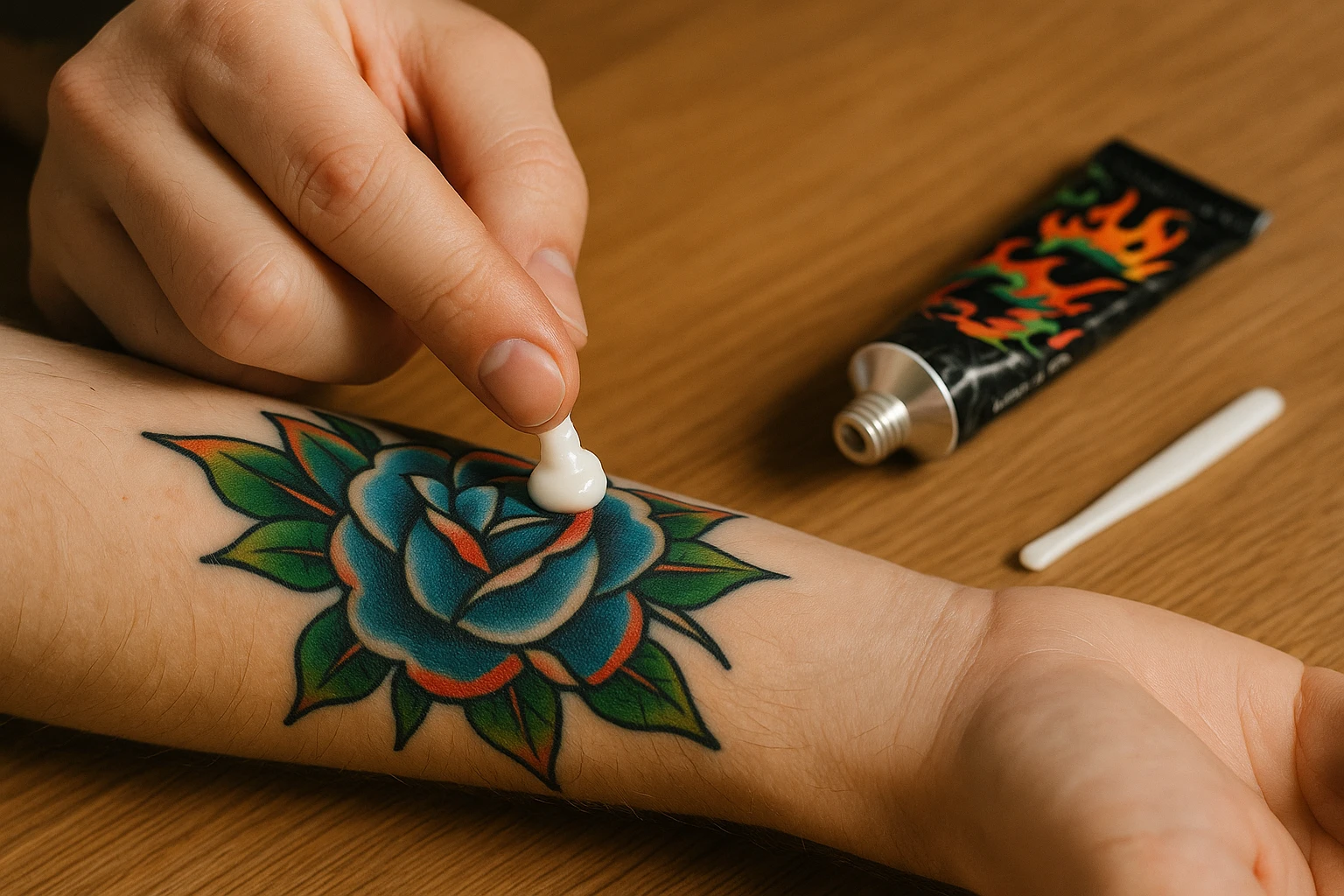 A close-up of a hand applying a small dollop of TKTX numbing cream onto a colorful tattoo, placed on a wooden tabletop next to the open tube and a clean, sterile applicator.