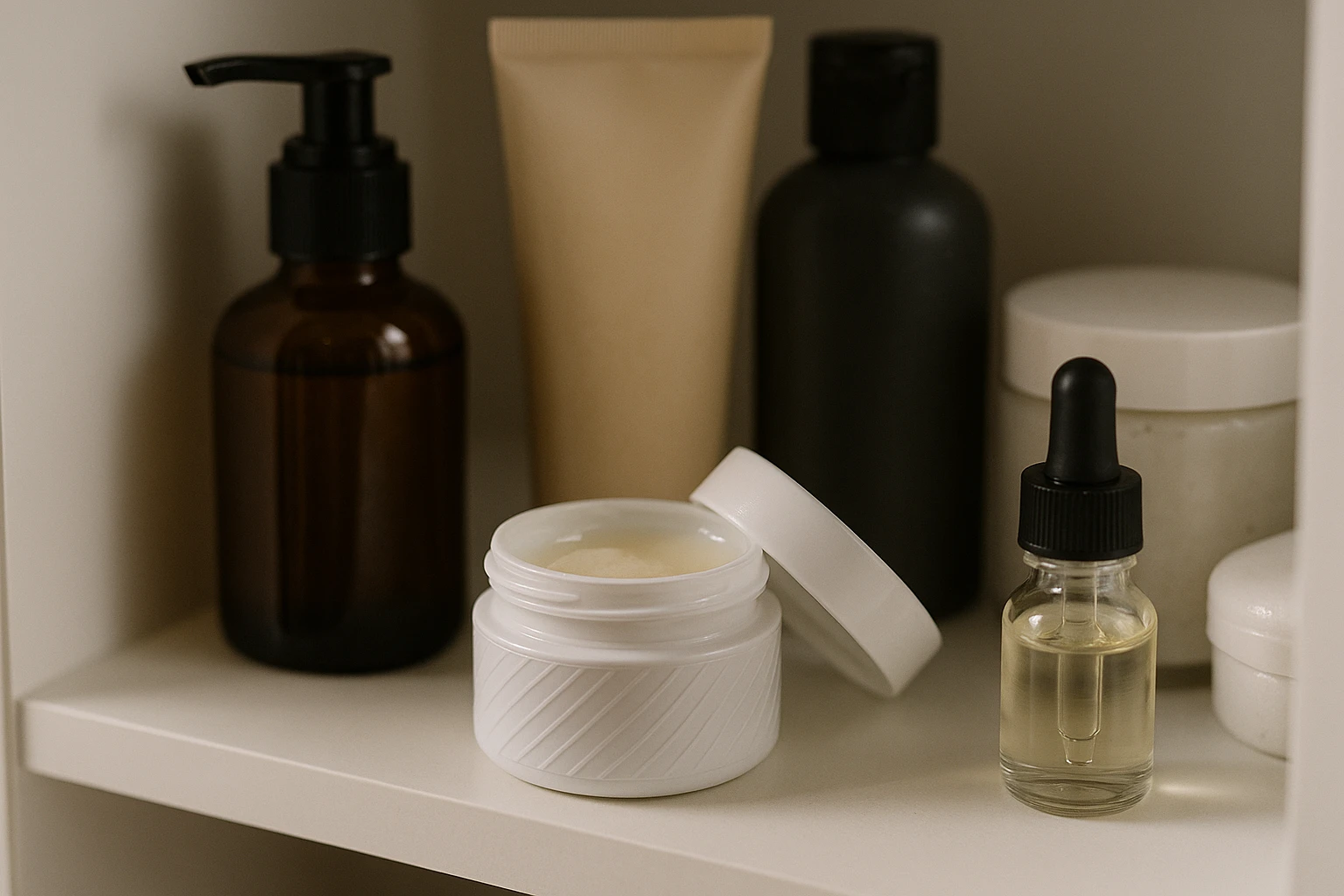 A small jar of TKTX numbing cream is nestled in a bathroom cabinet, surrounded by various skincare and tattoo aftercare products, with its lid slightly ajar and a noticeable thin layer of cream visible inside.