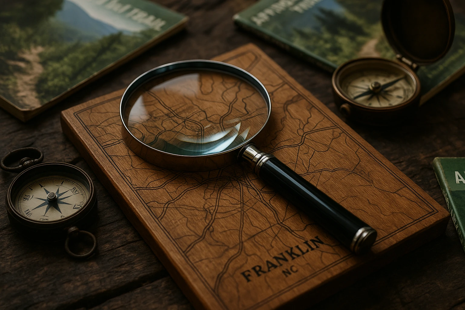 A sleek magnifying glass resting on an old wooden map of Franklin, North Carolina, surrounded by scattered Appalachian trail guides and vintage compasses, highlighting the tools of a private investigator amidst a natural backdrop.