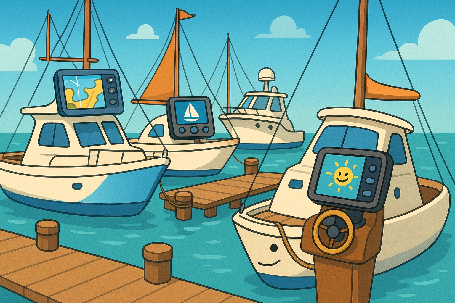 A cozy marina with several yachts docked, each equipped with different navigation devices prominently displayed, showing their interfaces and brand logos, against a backdrop of a clear blue sky and calm waters.