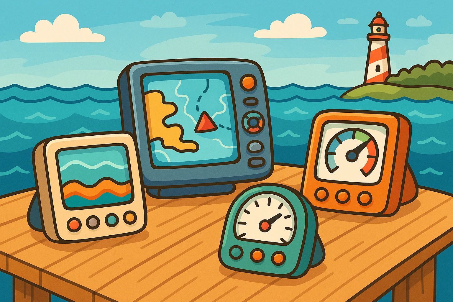A variety of navigation devices for yachts displayed on a wooden dock, each with distinct shaped casings and control panels, set against a backdrop of gently rolling waves and a lighthouse in the distance.