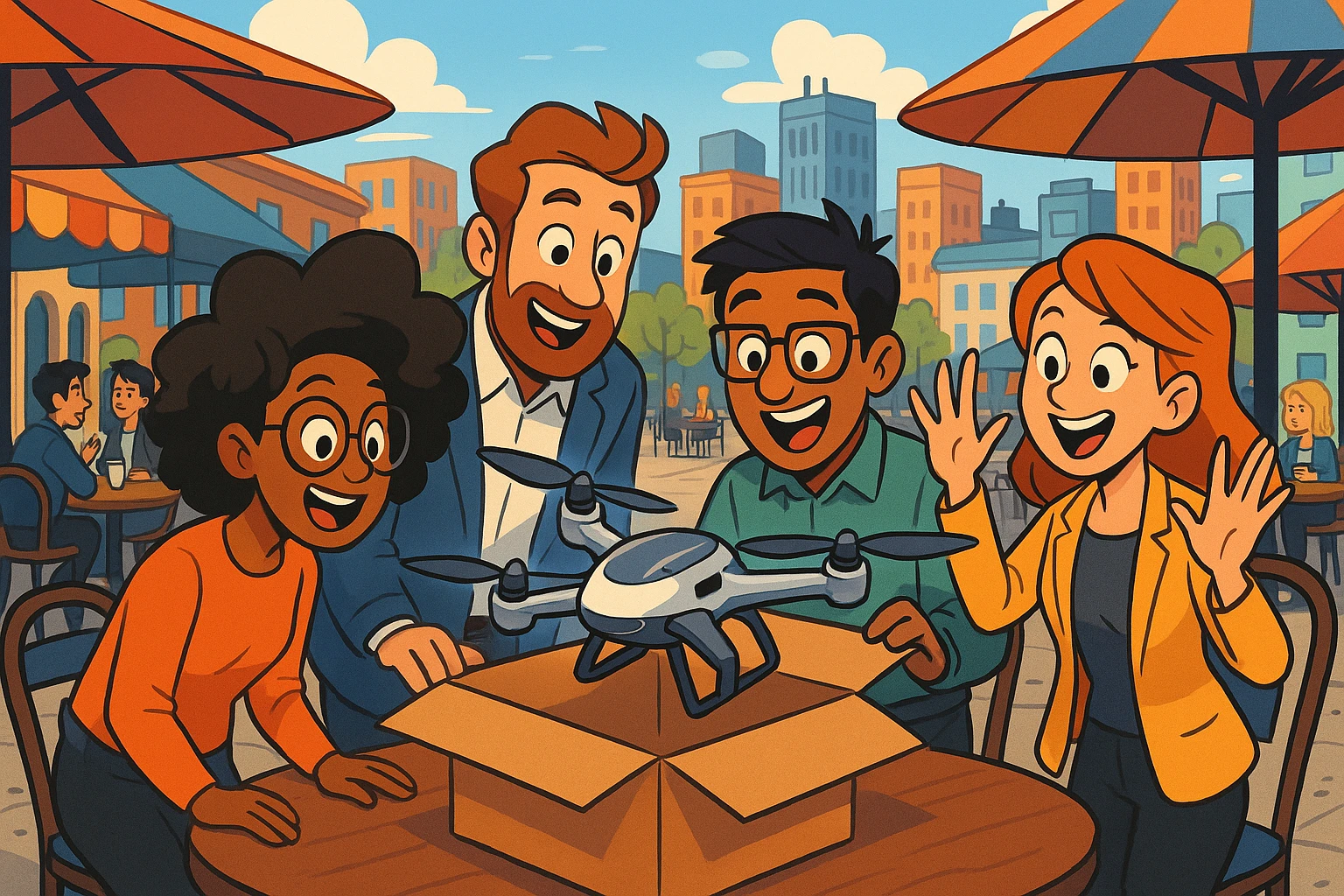 A bustling outdoor café with a group of diverse entrepreneurs excitedly unboxing a sleek, futuristic drone, showcasing the latest technology solution meant to revolutionize logistics for startups, set against a backdrop of a vibrant cityscape.