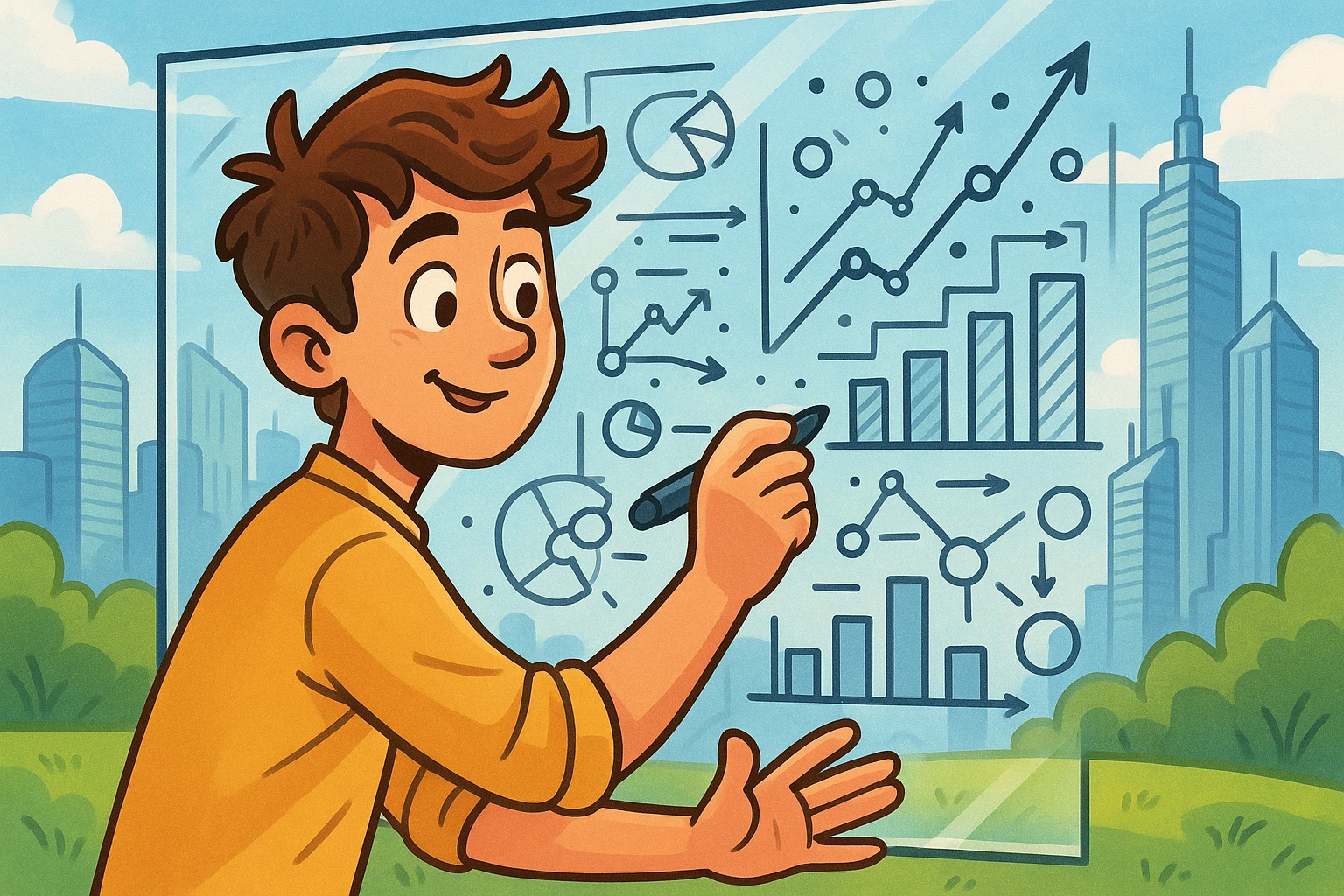 A hand sketching a complex data graph on a transparent whiteboard outdoors, with a skyline of modern skyscrapers visible in the background, emphasizing the innovative environment in which startups operate.