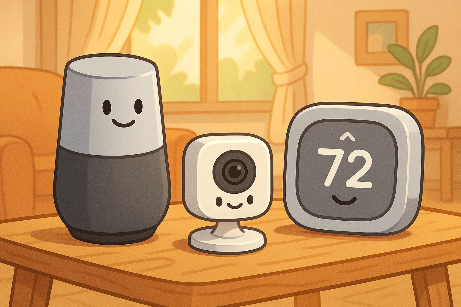 A collection of smart home devices, including a sleek smart speaker, a compact security camera, and a modern digital thermostat, are arranged on a wooden table with a cozy, sunlit living room in the background.