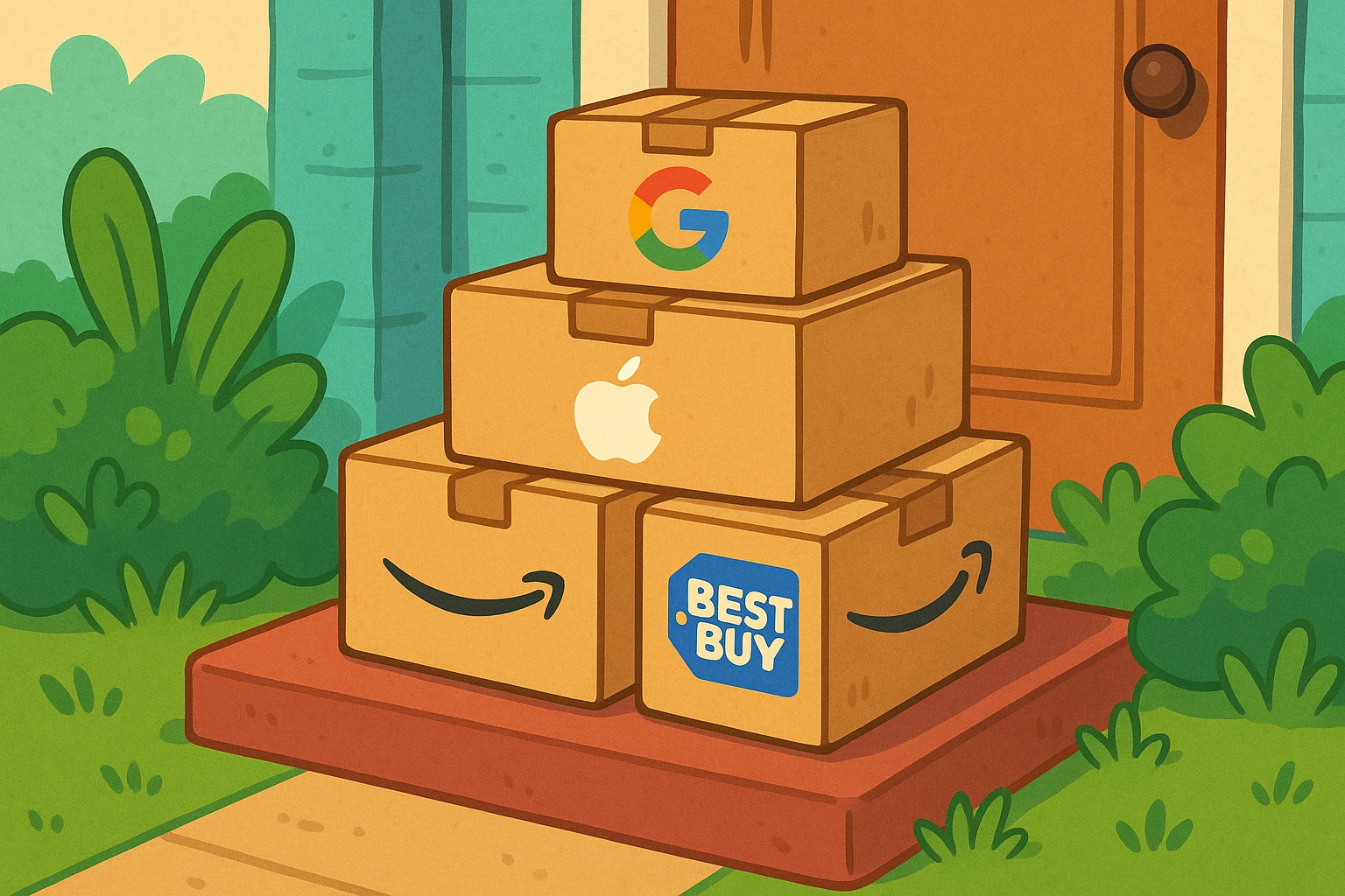 A stack of unopened packages with various consumer tech brand logos, including Amazon and Best Buy, placed on a doorstep with vibrant green plants around, indicating quick delivery to a home.