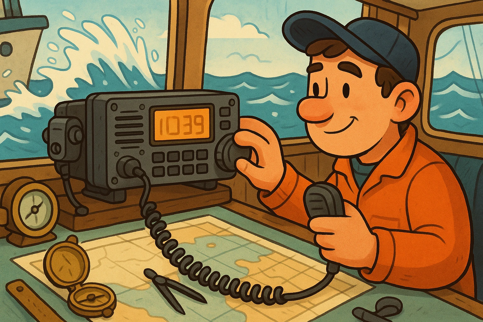 A rugged marine radio mounted on the bridge of a ship with a crew member adjusting the frequency, surrounded by navigation charts and sea equipment, as waves crash against the hull in the background.