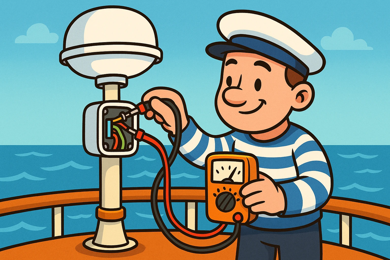 A close-up of a marine communication antenna mounted on the deck of a ship, with a sailor using a multimeter to check the connections, set against a backdrop of the open sea under a clear blue sky.