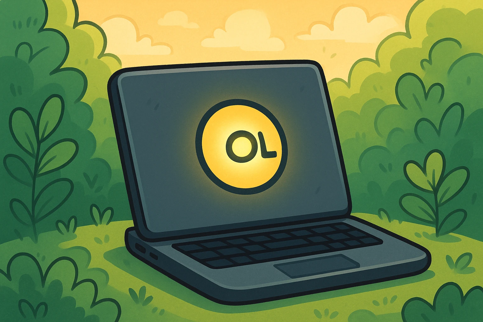 A close-up image of a sleek Dell laptop with its illuminated logo, set against a backdrop of lush greenery, highlighting the brand’s harmony between innovation and nature.