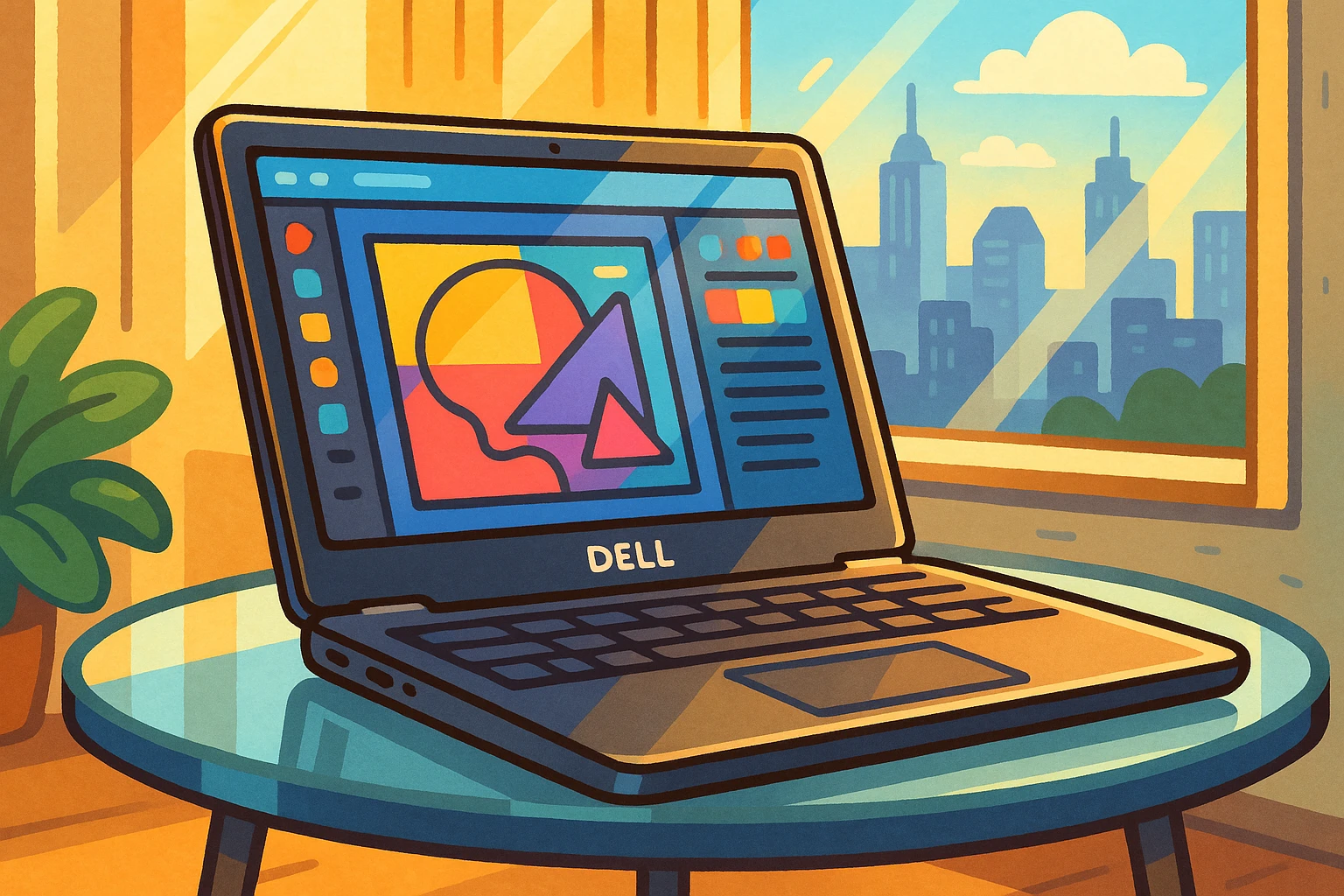A close-up of a high-performance Dell XPS laptop resting on a glass table beside a window overlooking a city skyline, with sunlight highlighting its sleek metallic finish and open screen displaying vibrant graphic design software.