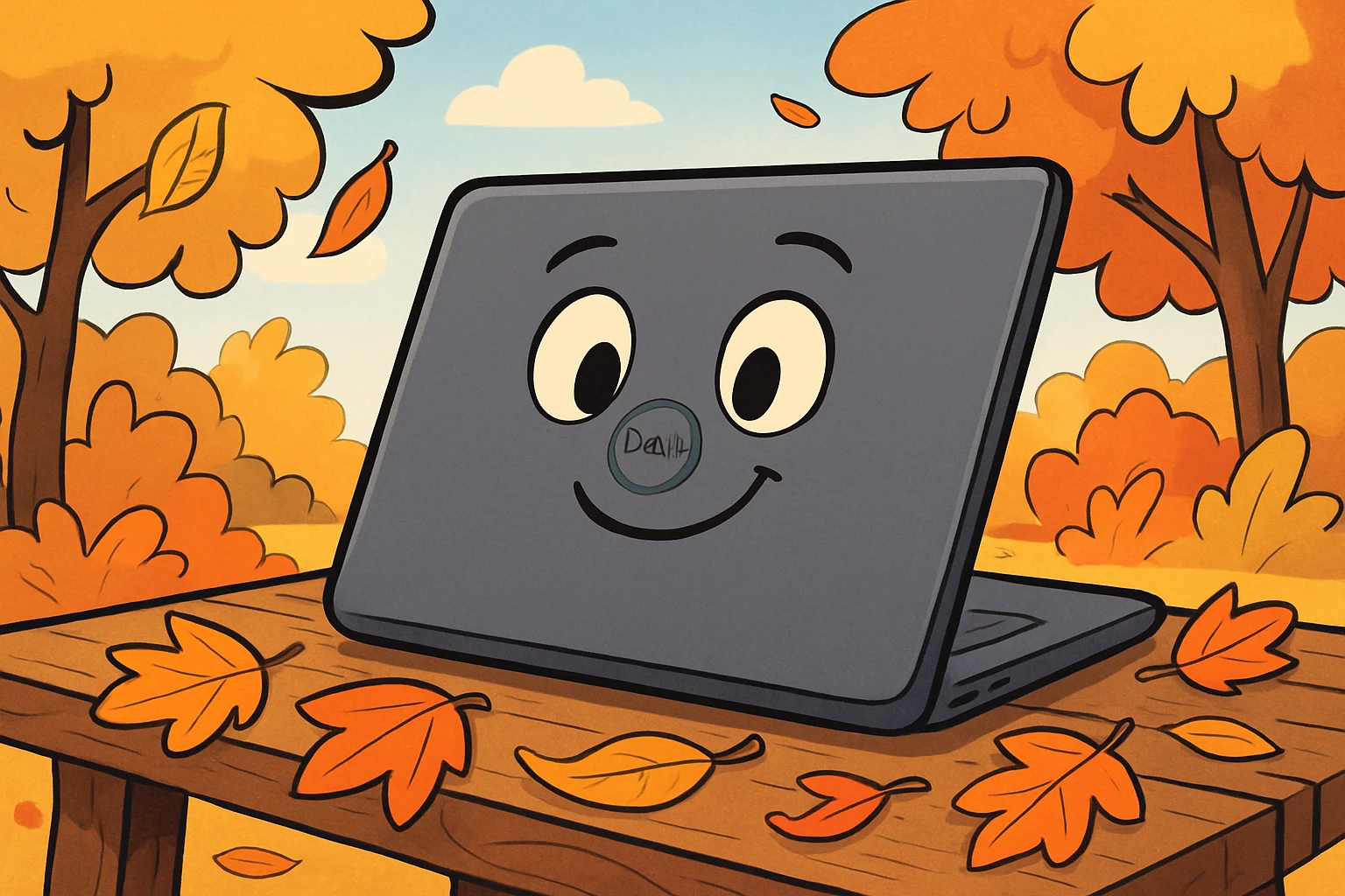 A close-up of a sleek Dell laptop positioned on a rustic wooden table outdoors, surrounded by vibrant autumn leaves, with a hint of a Dell Technologies logo subtly embossed on the laptop lid.