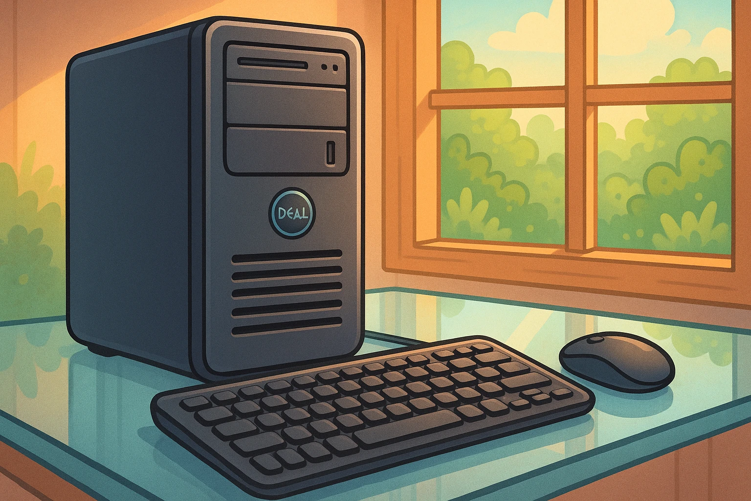 A close-up image of a modern Dell desktop tower illuminated by soft ambient lighting, with a sleek wireless keyboard and mouse on a glass desk, framed by a large window overlooking a lush garden.