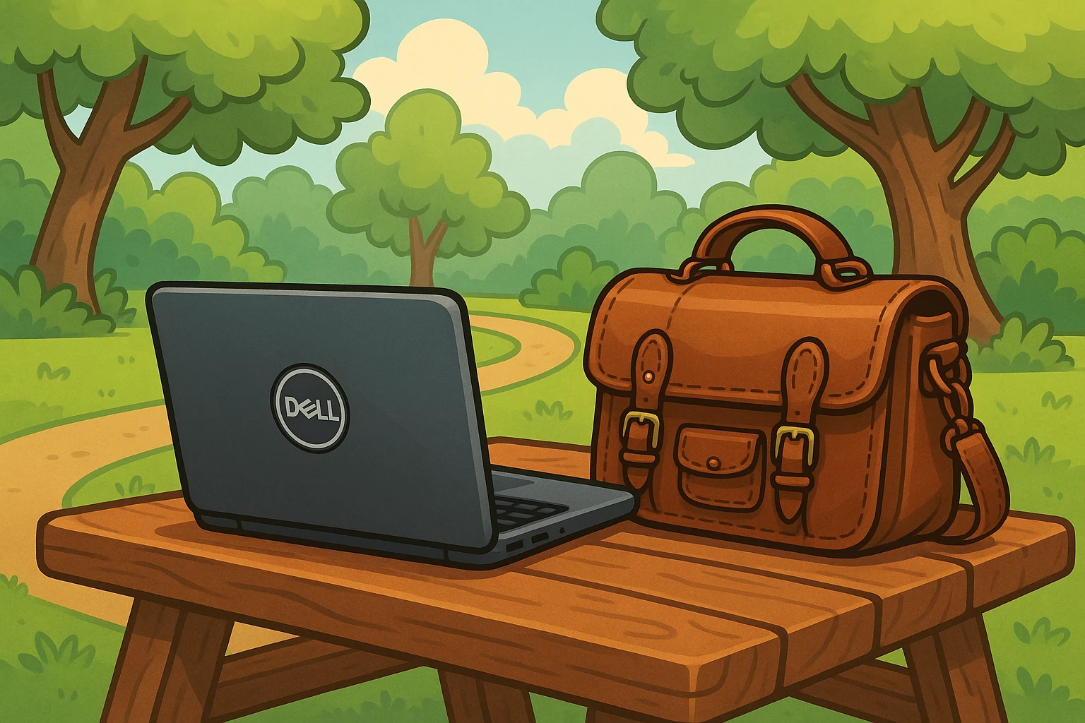 A sleek Dell laptop, adorned with its distinctive logo, sits on a rustic wooden table beside a carefully crafted leather bag from Atticus Goods, highlighting the contrast between cutting-edge technology and artisanal craftsmanship in an outdoor park setting.