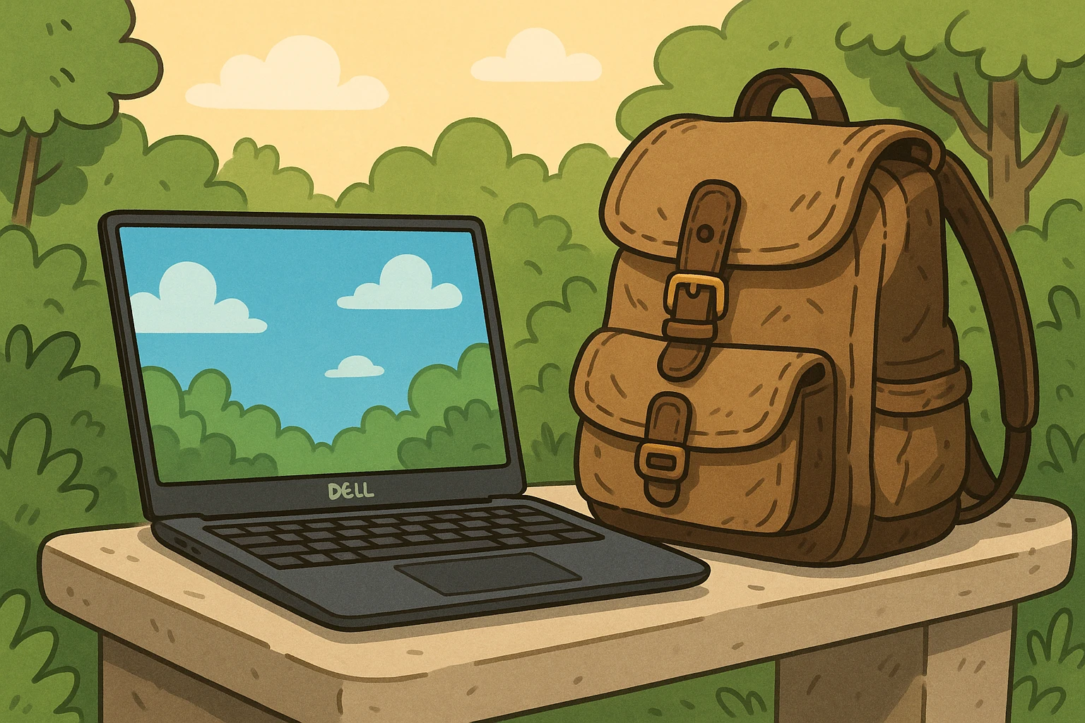 A close-up of a Dell Technologies XPS laptop with its InfinityEdge display, set against a backdrop of lush greenery, juxtaposed with a rugged Atticus Goods canvas backpack resting on a stone bench, highlighting the blend of high-tech elegance and durable, outdoor-ready craftsmanship.