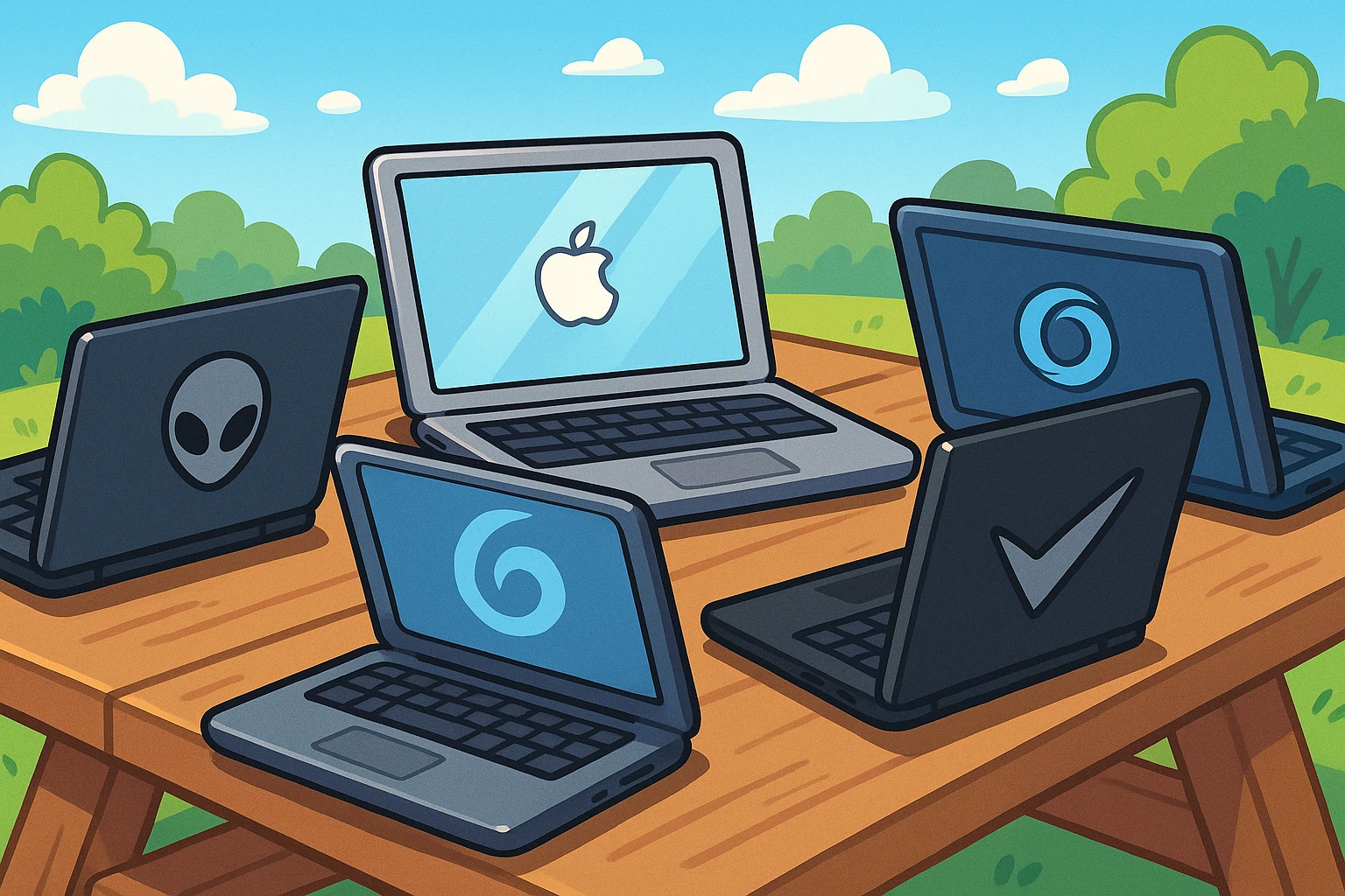 A close-up of various high-tech laptops on a wooden table, showcasing diverse brands with distinct logos and sleek designs, set against a bright, natural outdoor background.