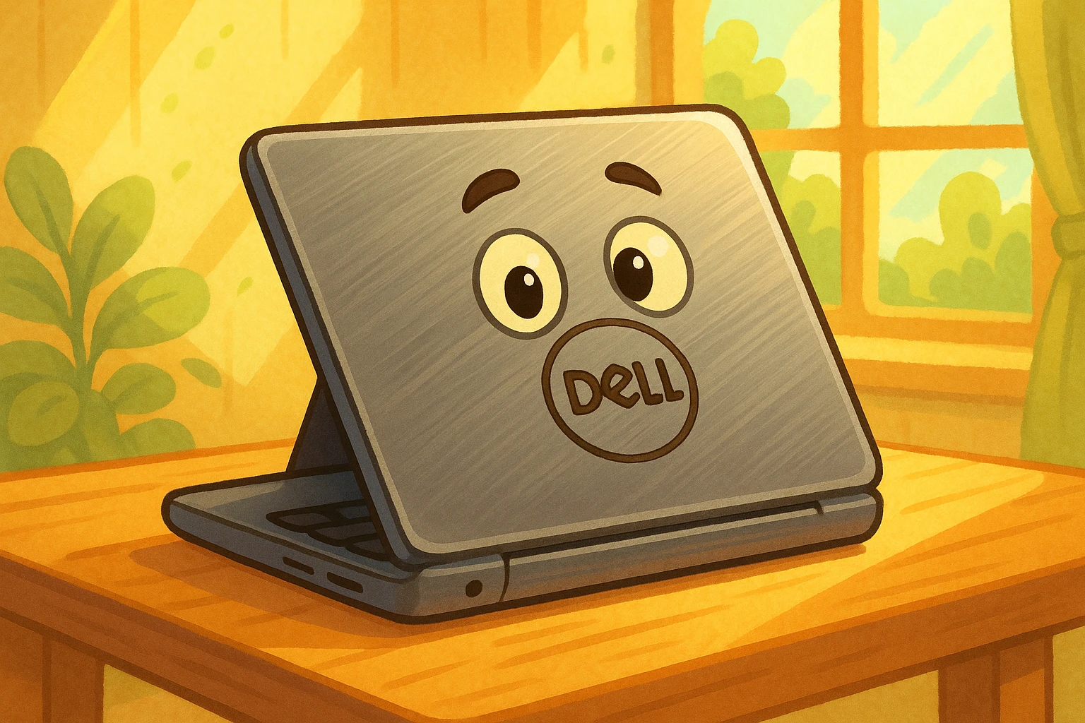 A close-up of a sleek Dell laptop partially open on a wooden table, surrounded by sunlight filtering through a window, highlighting the brushed aluminum finish and the iconic Dell logo on the cover.