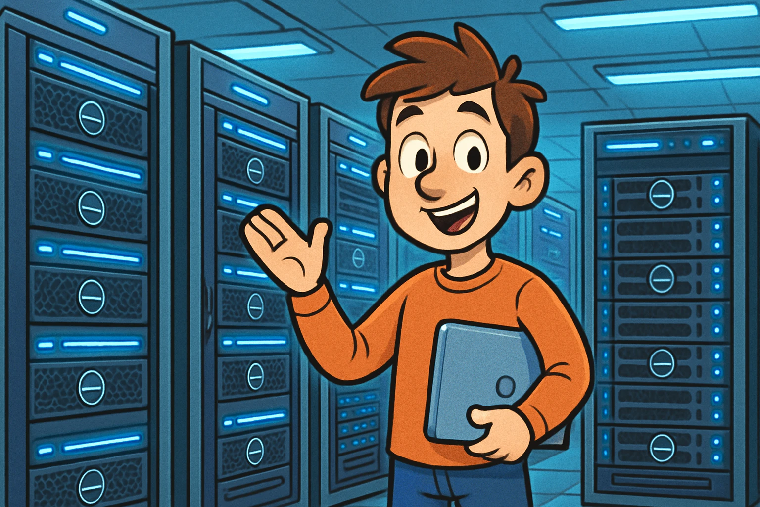 A modern server room with rows of sleek, metallic Dell servers illuminated by cool blue LED lights, highlighting the precision engineering and advanced technology that power Dell's enterprise solutions.