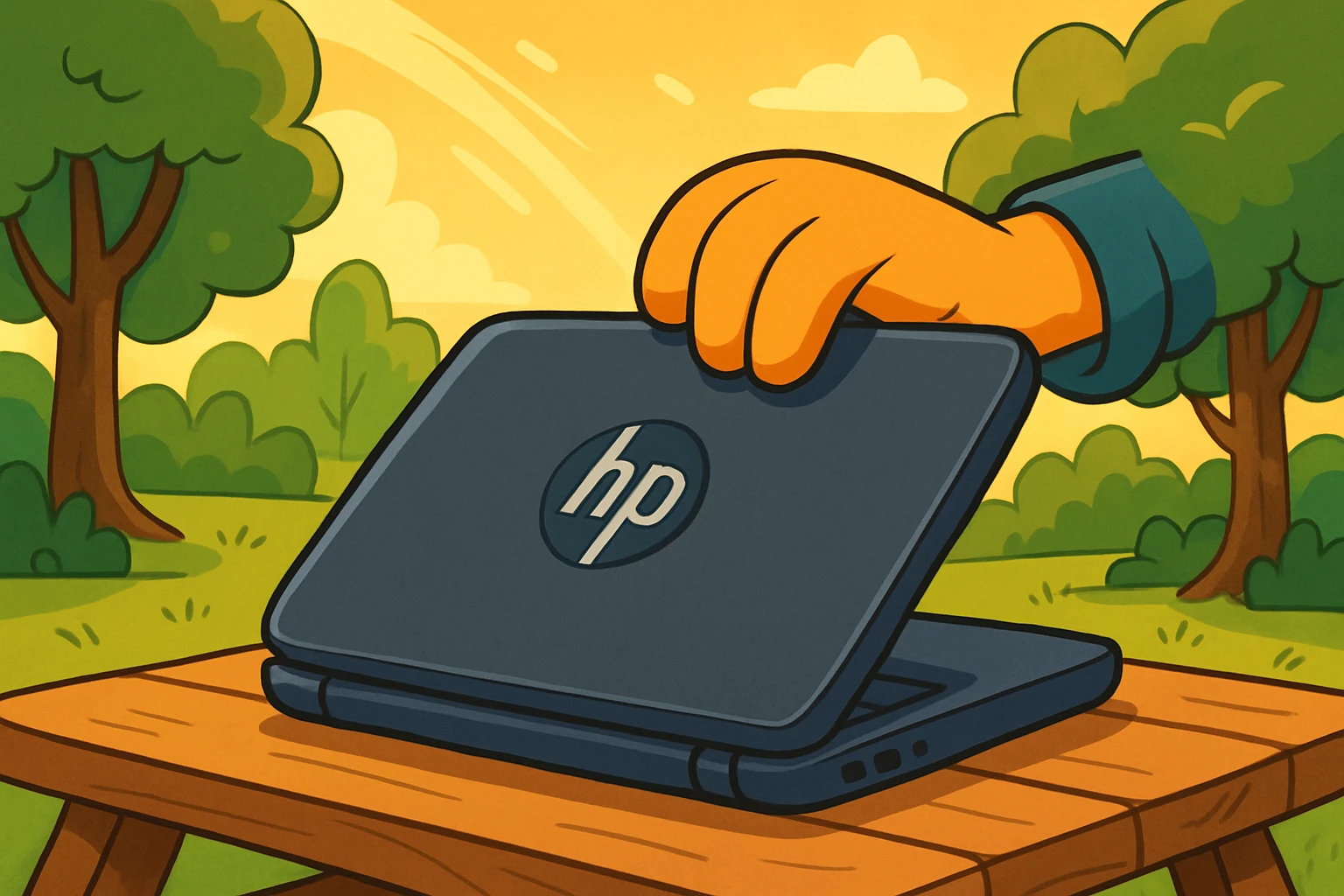 A close-up of an HP laptop being closed, set on a wooden picnic table in a park, with sunlight filtering through the trees in the background.
