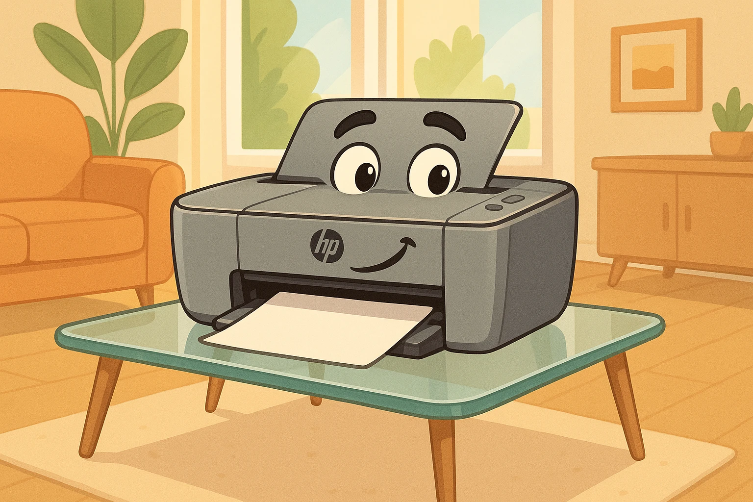 An HP printer positioned on a sleek glass table in a modern minimalist living room, with natural light streaming through large windows and the HP logo visible on the device.