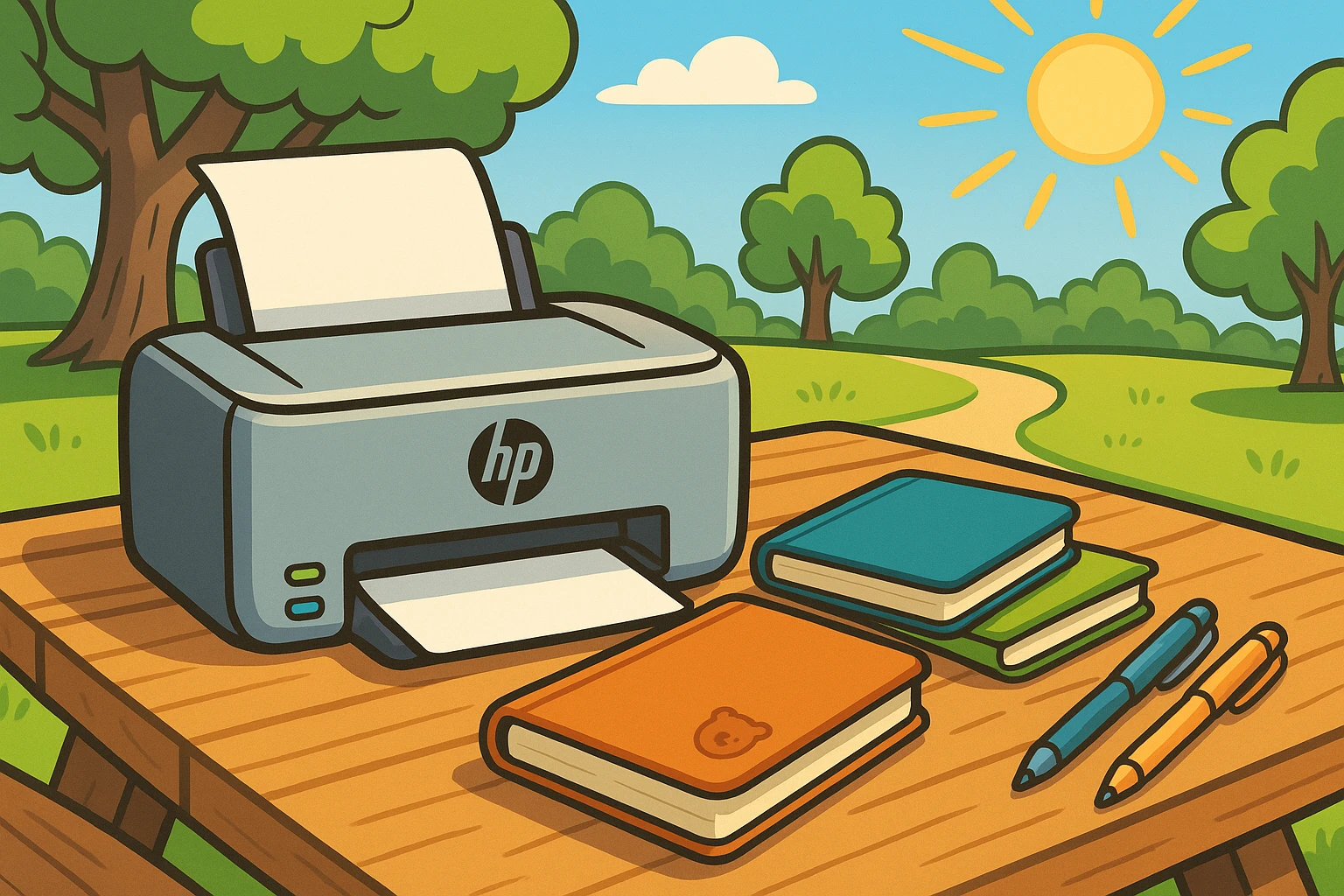 A close-up of an HP® printer alongside a selection of Atticus Goods notebooks and pens on a wooden picnic table in a sunny park, highlighting the contrast in product categories and materials.