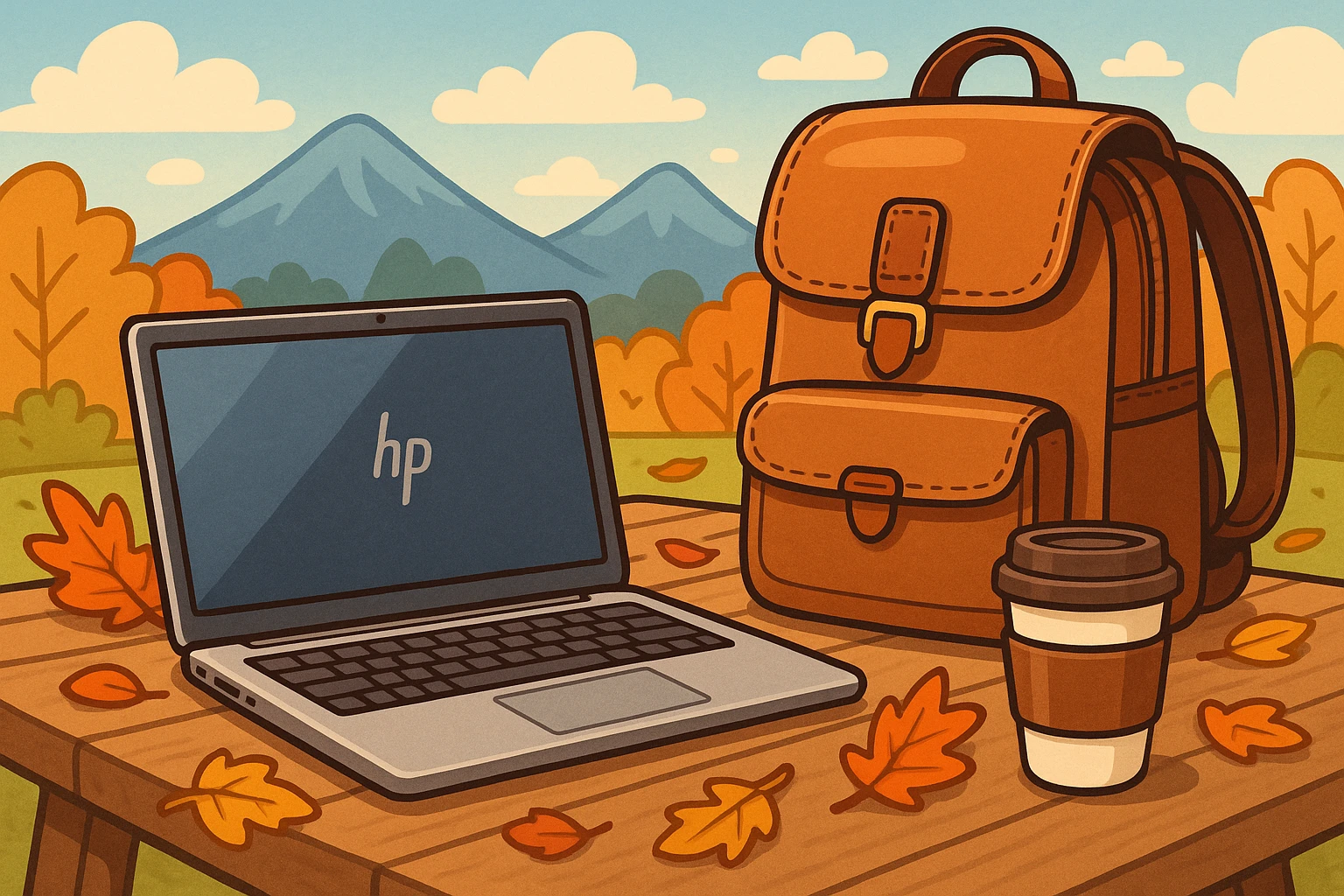 An HP® EliteBook laptop sits on a wooden patio table next to a sleek Atticus Goods leather backpack, surrounded by fall leaves, with a coffee cup nearby and mountains in the background.