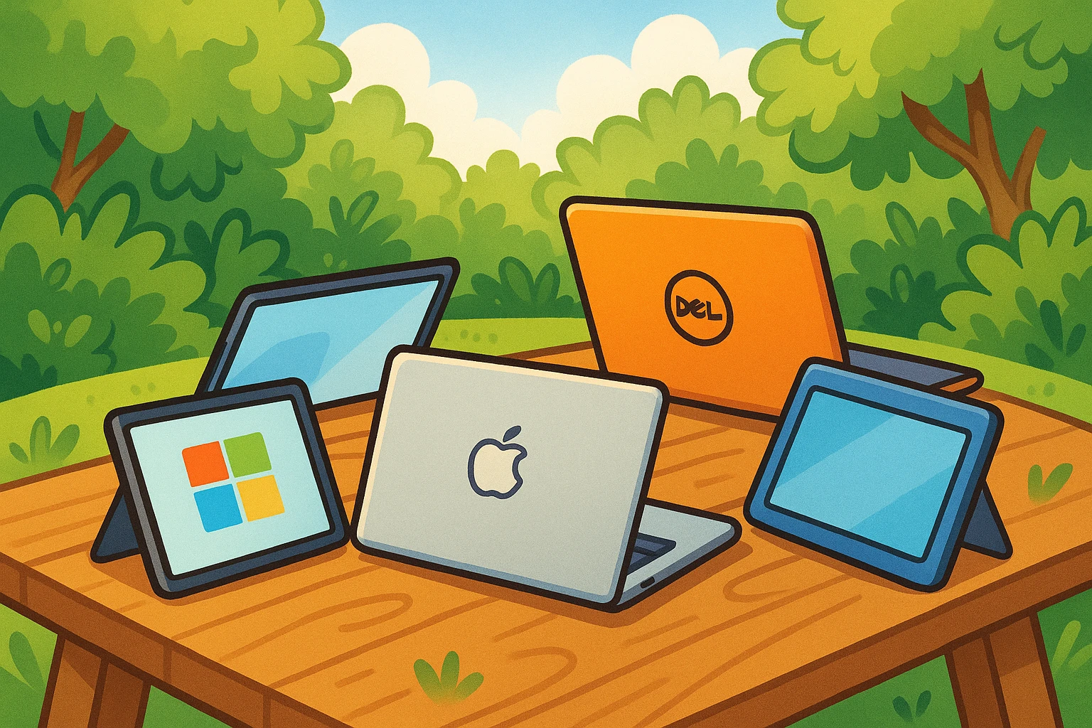 A close-up of various brand laptops and tablets displayed on a wooden outdoor table, surrounded by lush greenery, emphasizing the diversity of computing solutions beyond HP Inc.