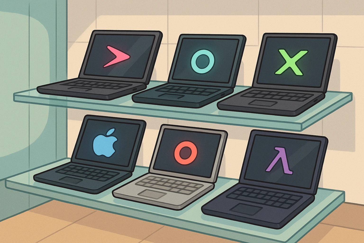 An array of sleek, modern laptops from varied brands displayed on a glass shelf inside a minimalist tech store, with each laptop featuring distinctive design elements and vibrant logo lights, highlighting diverse choices beyond HP Inc.
