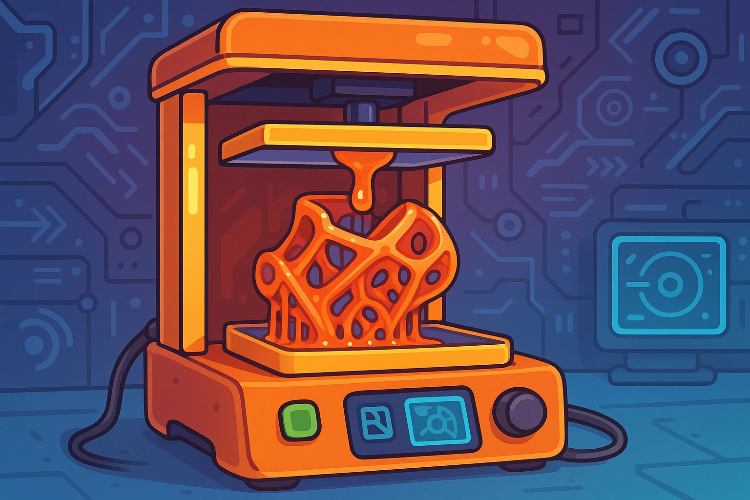 A close-up of a 3D printer in action, with vibrant resin being meticulously layered to form a complex part, against the backdrop of futuristic technology-themed decor.