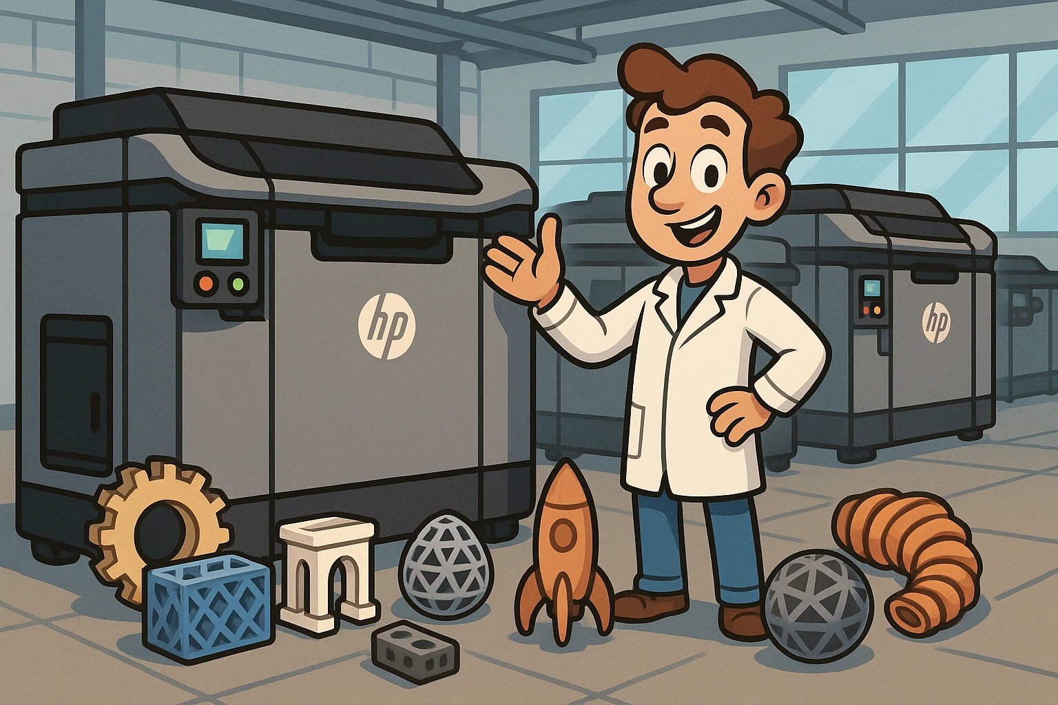 An array of HP Multi Jet Fusion 3D printers arranged in a sleek, industrial workspace, surrounded by newly formed, intricate prototypes made from various materials showcasing the versatility of 3D printing technology.
