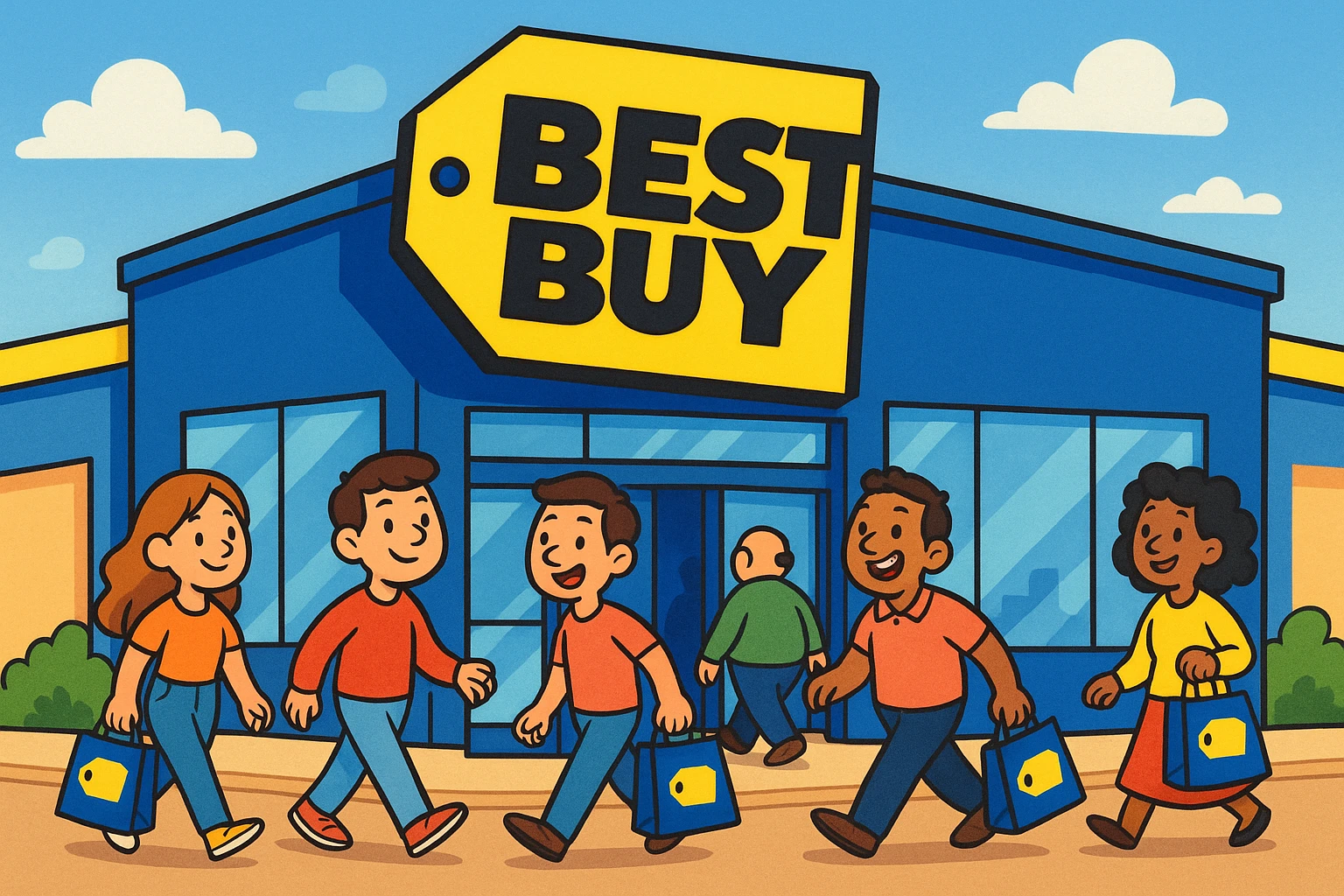A bright and bustling Best Buy storefront featuring large, bold signage, with customers walking in and out carrying branded blue shopping bags, set against a backdrop of clear blue skies.