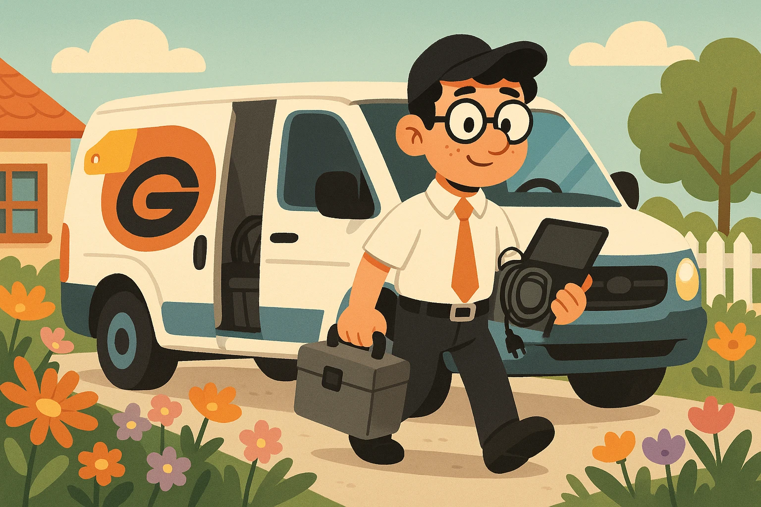 A close-up of a Best Buy Geek Squad van parked in a suburban driveway, with a technician unloading a toolkit and electronics gear amidst a backdrop of blooming flowers and a white picket fence.