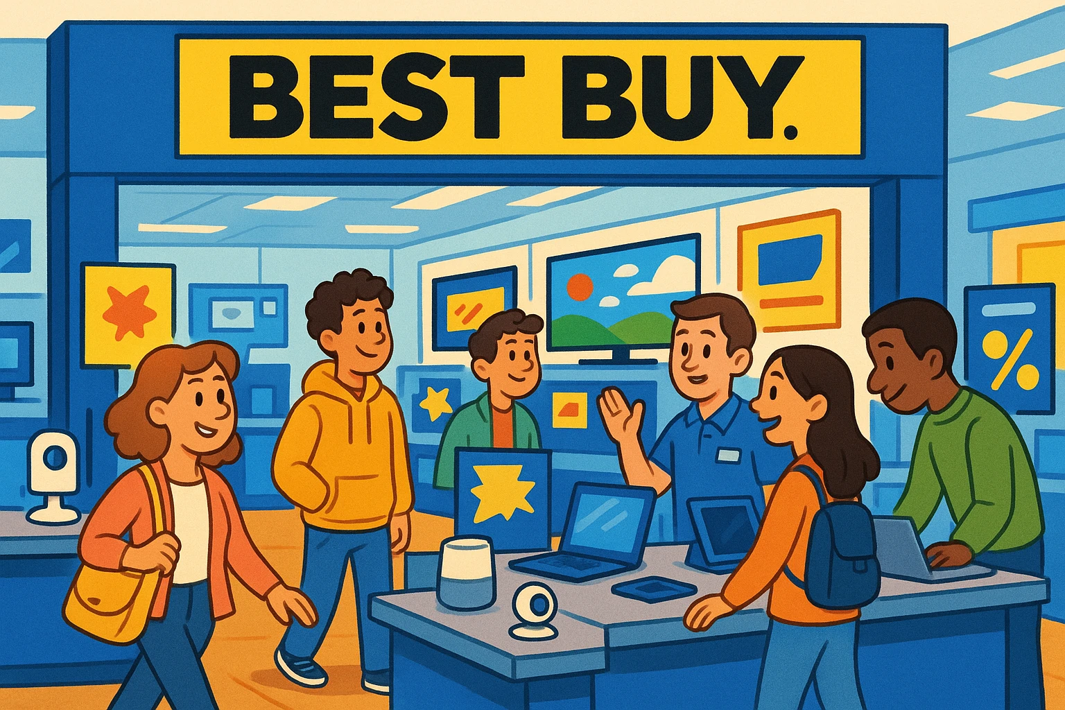 A vibrant storefront display of Best Buy Co., Inc. featuring a variety of consumer electronics like TVs, smart home devices, and laptops, with promotional signage and people browsing the aisles in a bright, modern retail environment.
