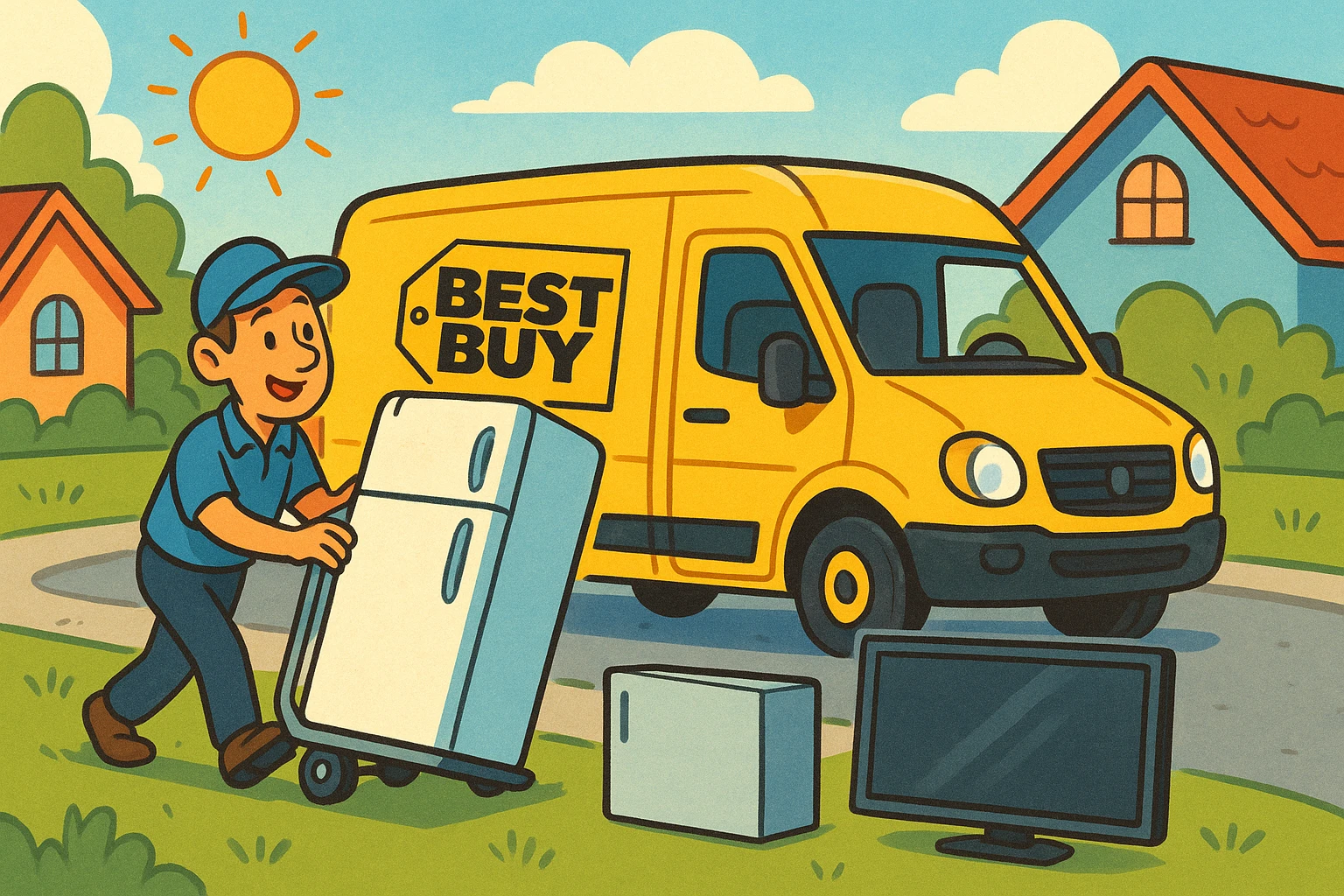 A Best Buy Co., Inc. delivery vehicle parked in a suburban neighborhood, unloading large electronic appliances like a refrigerator and TV, with the company's logo prominently displayed on the side of the van against a bright sunny backdrop.