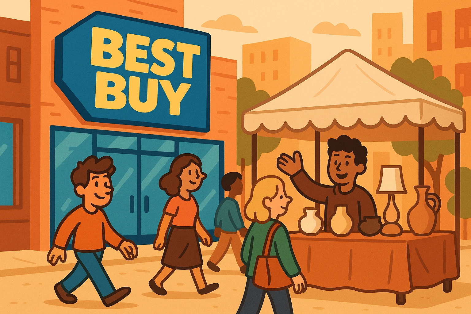 A vibrant storefront display featuring a Best Buy logo on a large blue sign, next to an Atticus Goods pop-up booth showcasing elegant home goods, all set against a bustling urban street with shoppers strolling by.